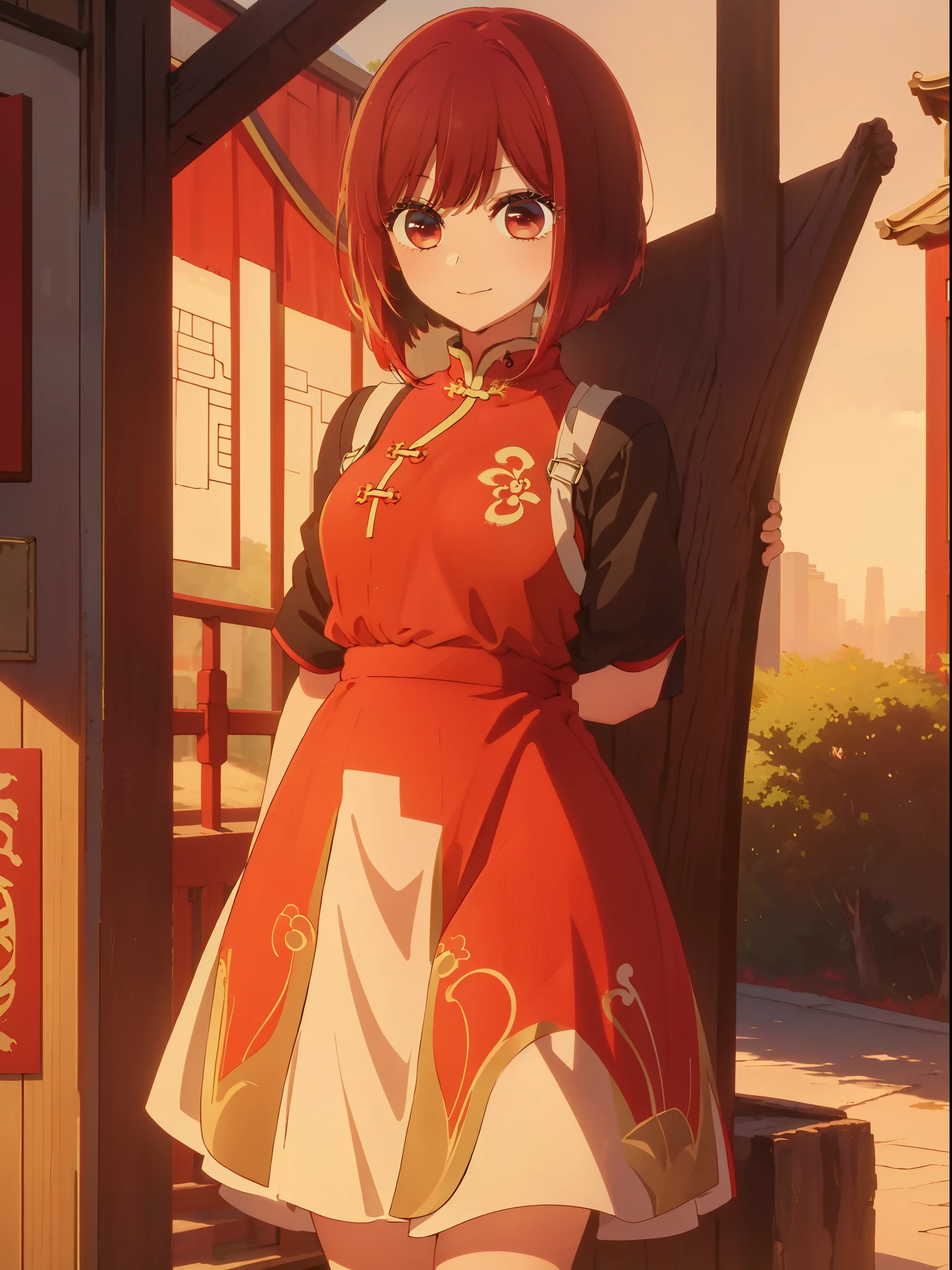 masterpiece、ighly detailed、(1 girl in:1.2)、Red hair、big eye、(((a closeup)))、A smile、8K、short-hair、(((anime styled)))、(((2D)))、Red Eyes、Open your mouth、(((qipao dress)))、(((Colossal tits)))、Chinese Big