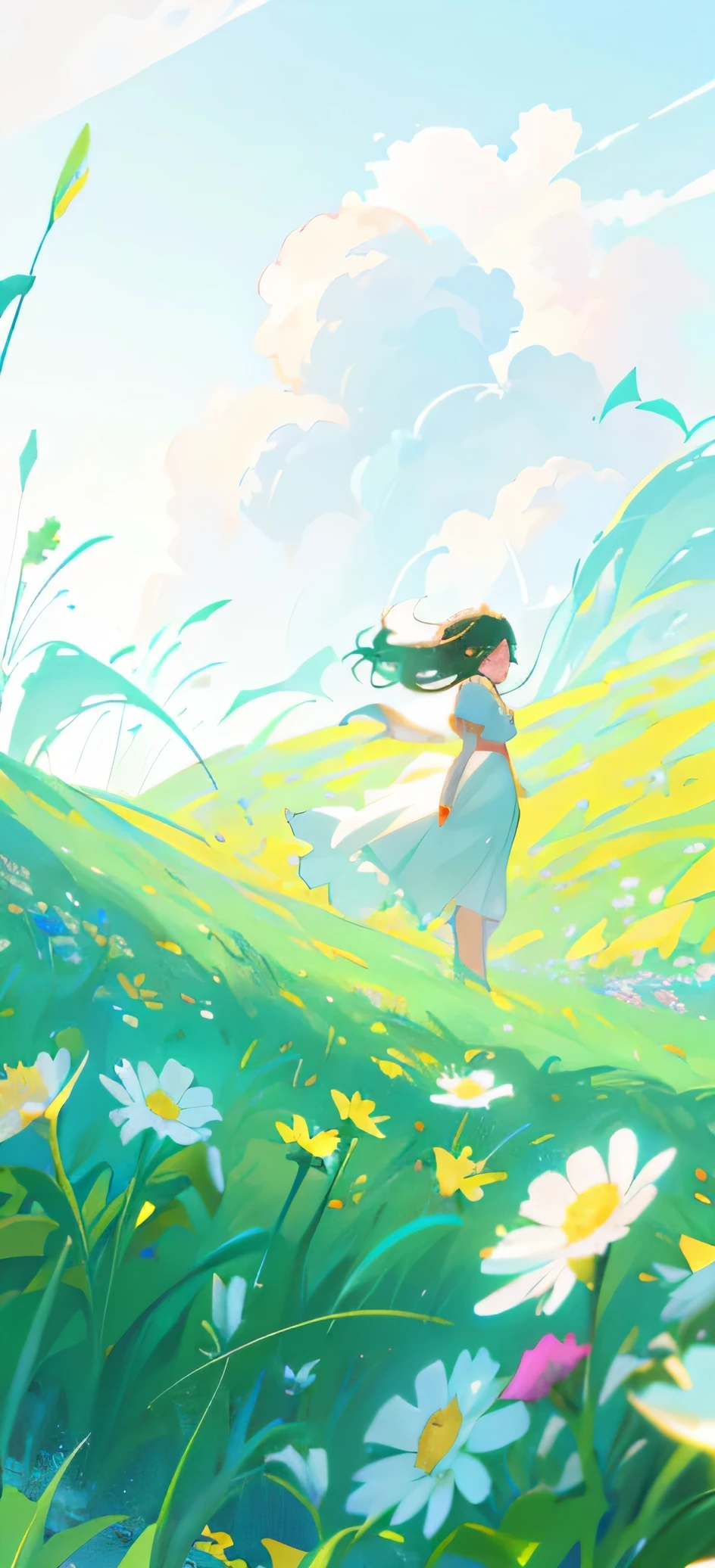 Animated scene of a woman walking through a field with flowers, conrad roset and makoto shinkai, makoto shinkai cyril rolando, Makoto Shinkai!, ( ( Makoto Shinkai ) ), style of makoto shinkai, Makoto Shinkai!!, In the style of Makoto Shinkai, Shinkai Sincerely, Makoto Shinkai art style