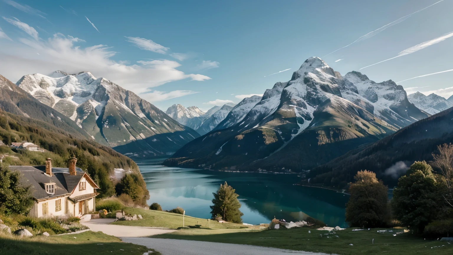 A stunning cinematic landscape photograph capturing a quaint, white cottage nestled by a crystal-clear, blue-green lake. The cottage is situated at the end of a winding road, which leads to it like a secret path. In the background, a majestic mountain range reminiscent of the Swiss Alps rises, adding to the pristine beauty of the scene. The image is filled with high-quality, sharp details, and the color tone has been enhanced with a lightroom preset to emphasize the white and green hues. Wildlife can be seen in the distance, adding a touch of natural life to the idyllic setting., cinematic, wildlife photography, photo