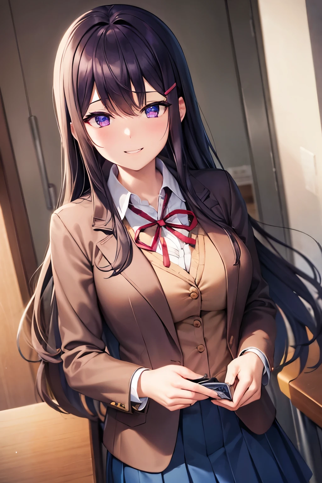 ddlcyuri, ddlcyuri, hair ornament, hairclip, long hair, (purple eyes:1.1), purple hair, grin, smile, hair over eyes, BREAK blazer, blouse, blue skirt, jacket, (brown jacket:1.5), miniskirt, neck ribbon, ribbon, , shirt, skirt, white shirt, wing collar, BREAK looking at viewer, BREAK indoors, classroom, BREAK (masterpiece:1.2), best quality, high resolution, unity 8k wallpaper, (illustration:0.8), (beautiful detailed eyes:1.6), extremely detailed face, perfect lighting, extremely detailed CG, (perfect hands, perfect anatomy),