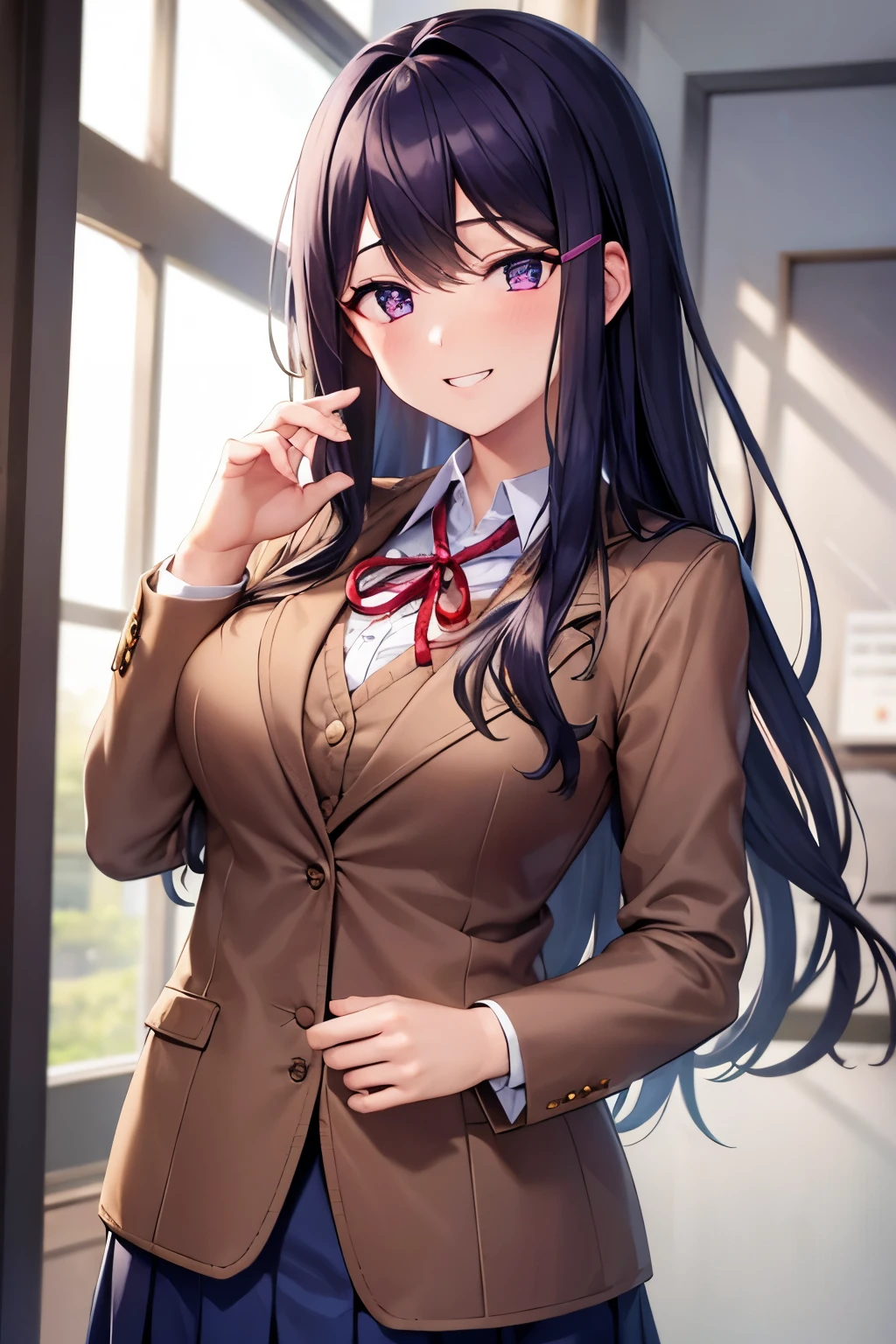 ddlcyuri, ddlcyuri, hair ornament, hairclip, long hair, (purple eyes:1.1), purple hair, grin, smile, hair over eyes, BREAK blazer, blouse, blue skirt, jacket, (brown jacket:1.5), miniskirt, neck ribbon, ribbon, , shirt, skirt, white shirt, wing collar, BREAK looking at viewer, BREAK indoors, classroom, BREAK (masterpiece:1.2), best quality, high resolution, unity 8k wallpaper, (illustration:0.8), (beautiful detailed eyes:1.6), extremely detailed face, perfect lighting, extremely detailed CG, (perfect hands, perfect anatomy),