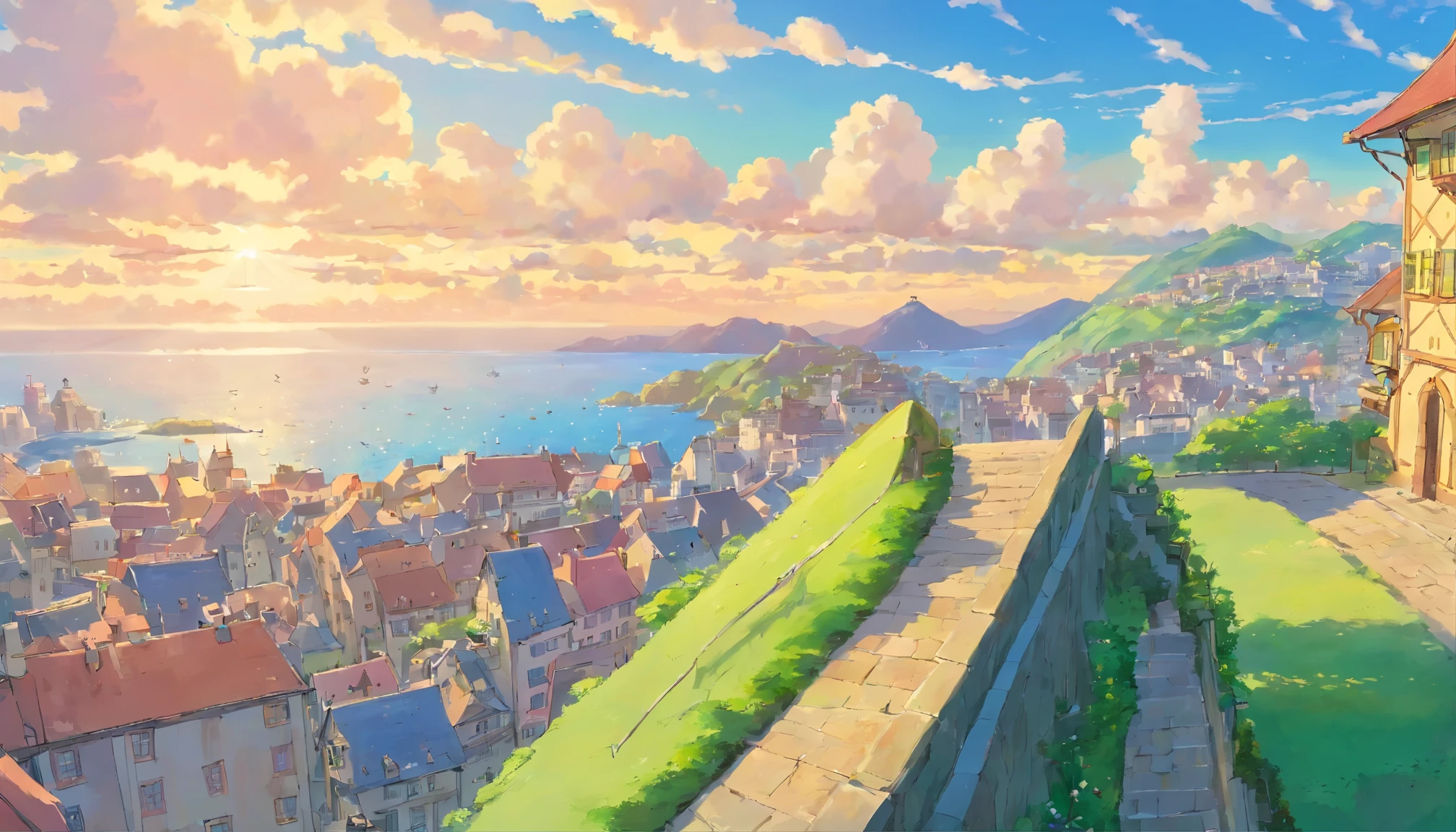 Tricolor Cavalier European-style cityscape A slope with a view of the sea