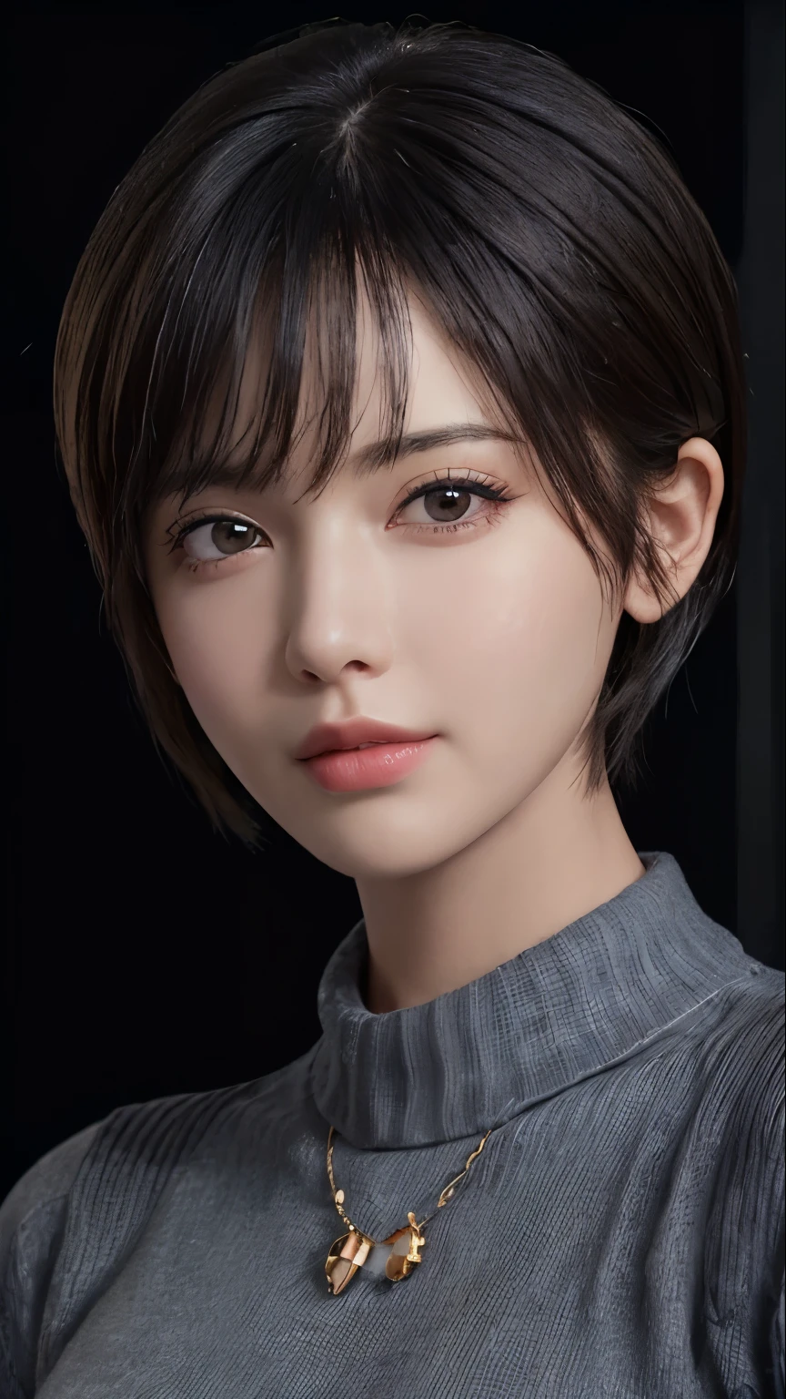 (masterpiece:1.3), (8K, realistic, Raw photo, highest quality: 1.4), (1 girl), beautiful face, (realistic face), (black hair, short hair:1.3), beautiful hairstyle, realistic eyes, detailed and beautiful eyes, (realistic skin), beautiful skin, (sweater), disorganized, Charm, ultra high resolution, surreal, very detailed, golden ratio