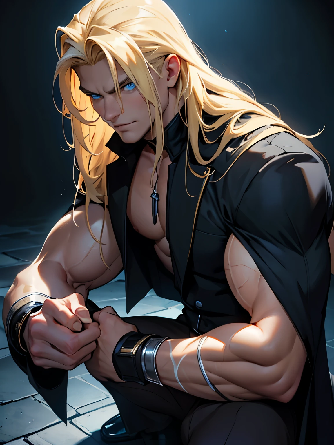 (best quality,highres),fullbodyshot,blonde hair,long hair,blue eyes,((muscular)) man,masculine,strong jawline,dark shadows,strong contrast,vivid colors,sharp focus,studio lighting