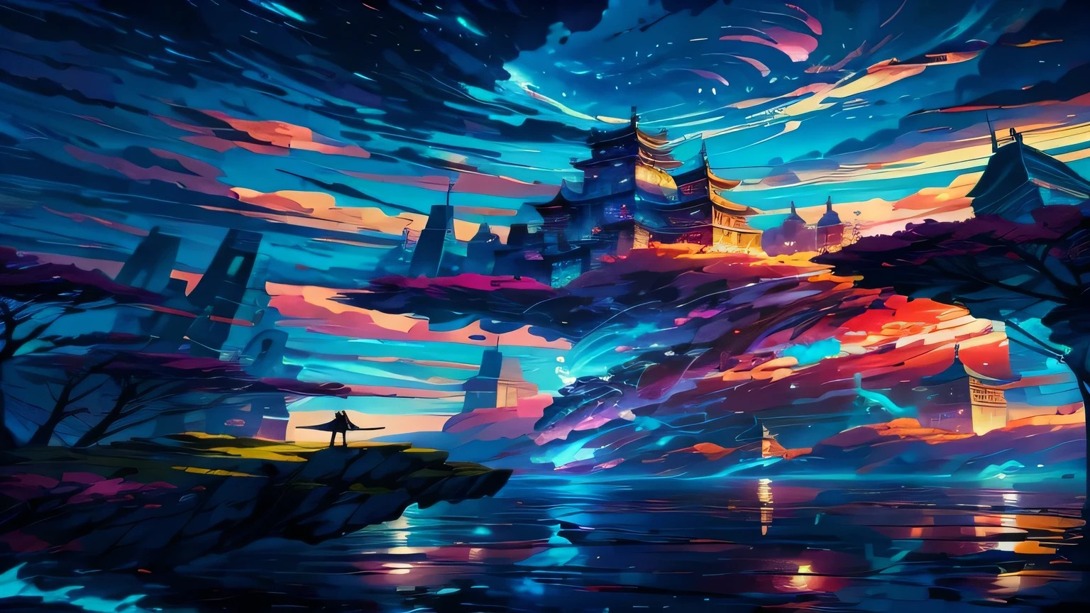 Anime girl standing on the rock looking at the rainbow sky, Xin Haicheng Cyril Rolando, Anime Art Wallpaper 4k, Anime Art Wallpaper 4k, Anime Art Wallpaper 8k. author：Xin Haicheng, Inspired by Cyril Rolando, Dan Mumford art style, stunning wallpapers, By Yumi