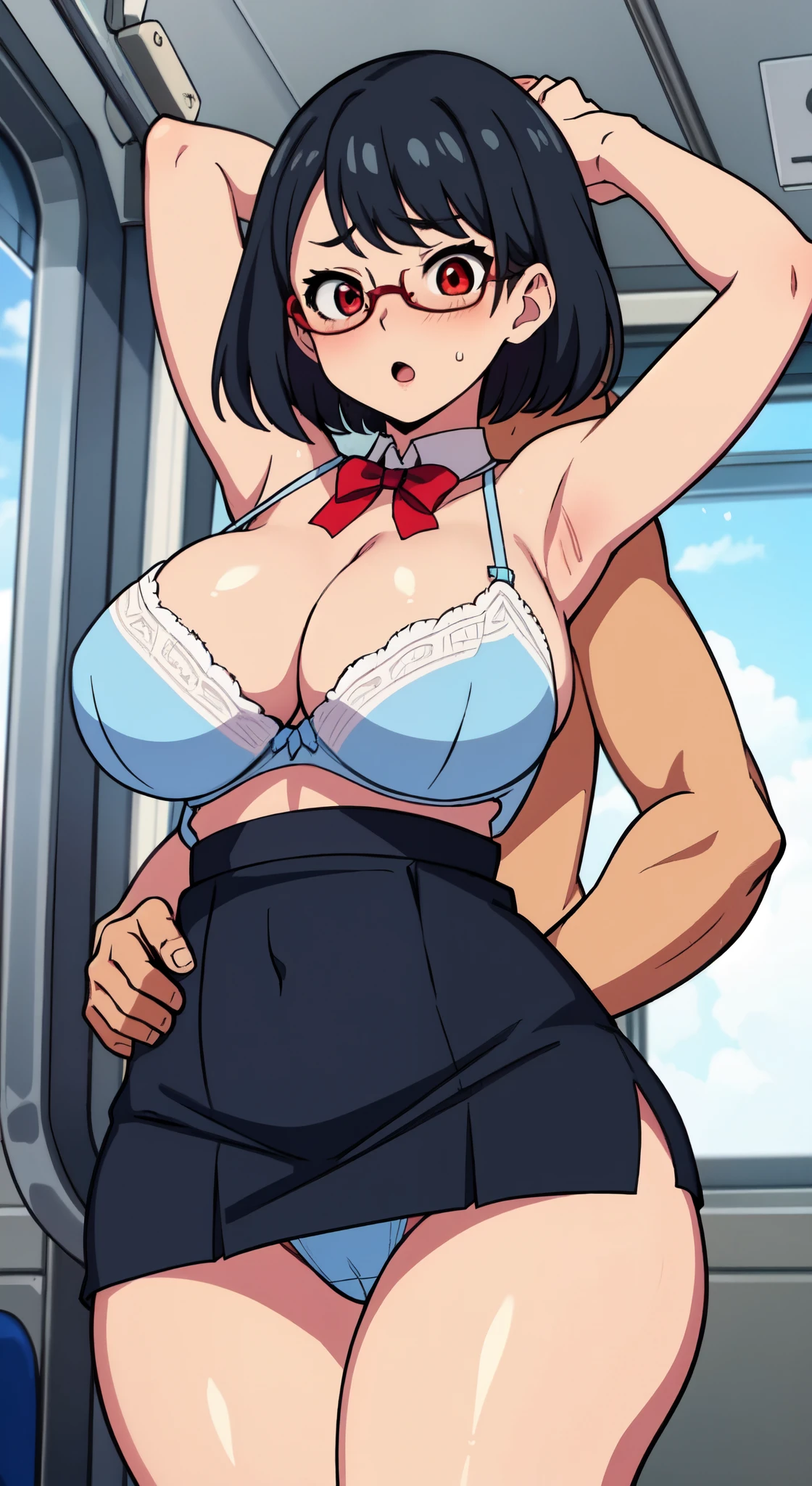 (Cl○se、16k、highest quality、high detail、Rich skin details)、(((nfsw)))、Office Lady、adult w○men、Watch anywhere、○bedience、((huge breasts))、((○besity))、red eyes、:o、I'm worried、((((surprised))))、((blushed))、((embarrassing))、((big ass))、very big thighs、arm behind head、short hair、light blue bra、light blue panties、hands behind head、both armpits、(((Skirt can be rolled up)))、(((Panchira)))、legs spread、Press your chest against the window、Inside the train at night、huge breasts、glasses、black hair、(1 w○man)、