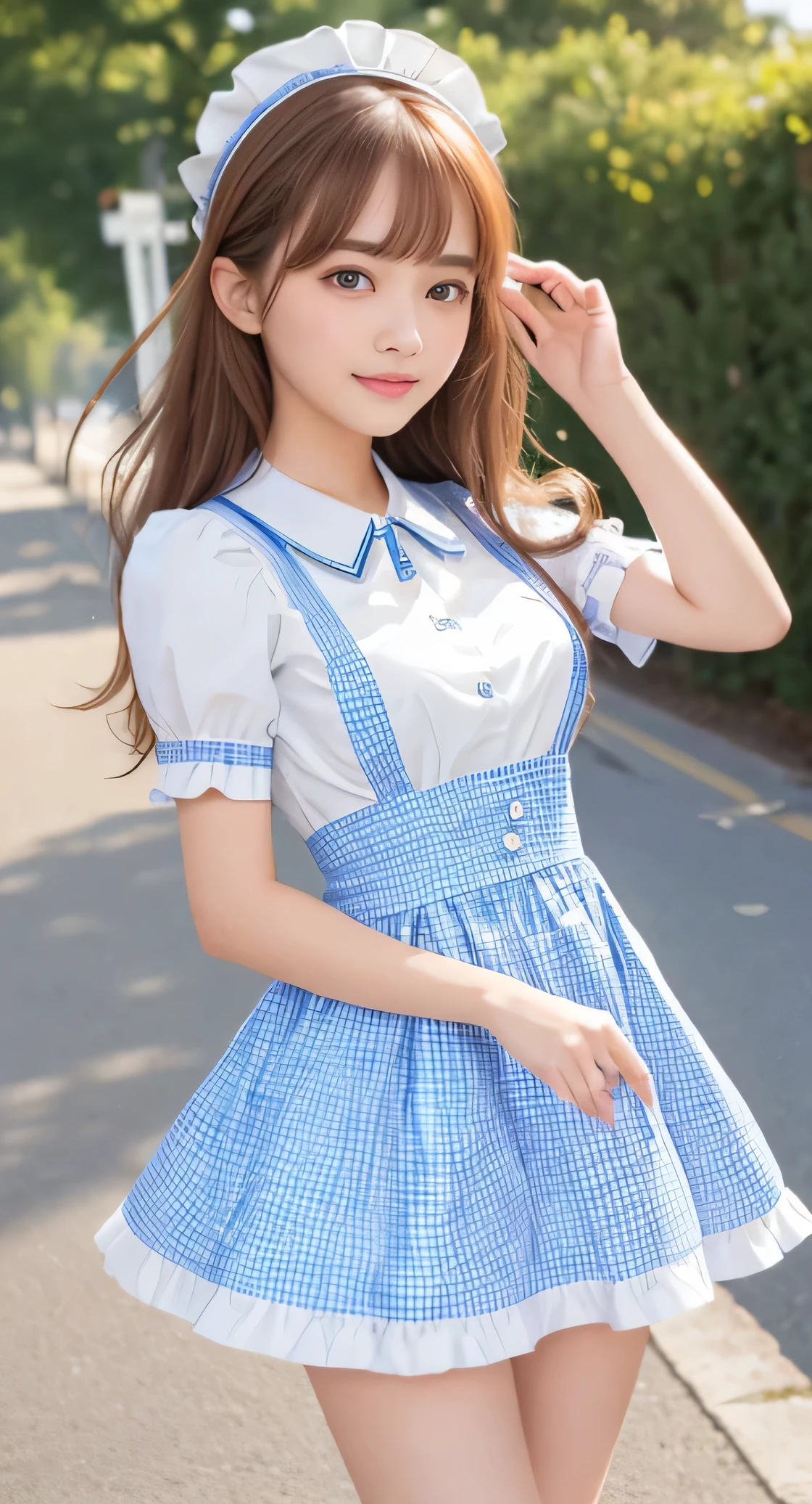 Angelic very beautiful cute young girl,
Beautiful detailed eyes, 
Detailed double eyelids,
(Soft Saturation: 1.3), 
(Fair skin: 1.3),v-line jaw,
(Large eyes:1.4),
Long straight brown hair, 
see-through bangs,(17 yo:1.3),
Sharp Focus,
beautiful detailed face and eyes, 
drooping eyes,
small straight nose,
small mouth, 
happy smiling with visible teeth, 85mm lens, F/8.0,BREAK (Super shiny white and metallic blue gingham maid costume :1.3),Walking,Brown hair ,(Costumes with strong reflective surfaces:1.4),
(Best Quality:1.2),(ginghham Maid  costume:1.5),
Raw photo, 
High resolution, 
perfect  detail, 
Professional Photography, 
Professional Lighting,
Powerful lighting of the costume,In the street