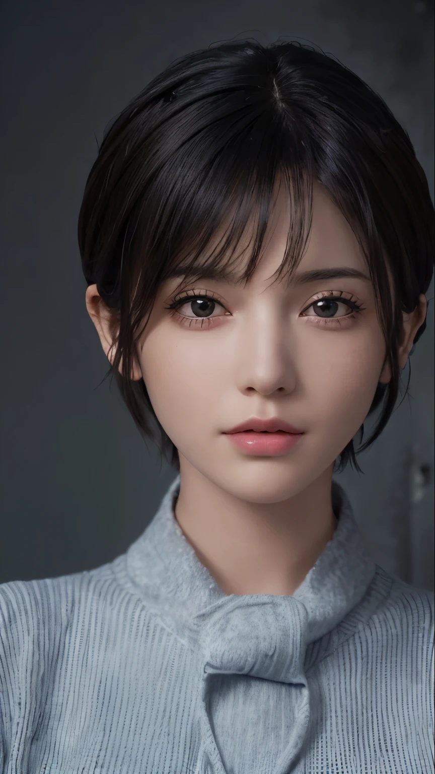 (masterpiece:1.3), (8K, realistic, Raw photo, highest quality: 1.4), (1 girl), beautiful face, (realistic face), (black hair, short hair:1.3), beautiful hairstyle, realistic eyes, detailed and beautiful eyes, (realistic skin), beautiful skin, (sweater), disorganized, Charm, ultra high resolution, surreal, very detailed, golden ratio