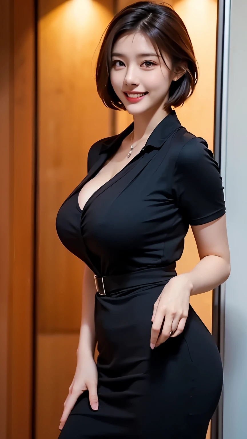 (The Ultimate Beautiful Japan Married Woman), 50s, hyperdetailed face, Detailed lips, (big eye:1.4), Double eyelids, Short brunette hair, (grin)、(White well-formed teeth), (cparted lips), ((While wearing cabin-attendant's uniform))、((large full )), thighs thighs thighs thighs、(Cowboy Shot:1.3), Perfect fit, depth of fields、Perfect image realism, Background with:((On the plane))、In-depth background, detailed costume, Perfect litthing、Hyper-Realism、Photorealsitic、8K maximum resolution, (masterpiece), ighly detailed, Professional