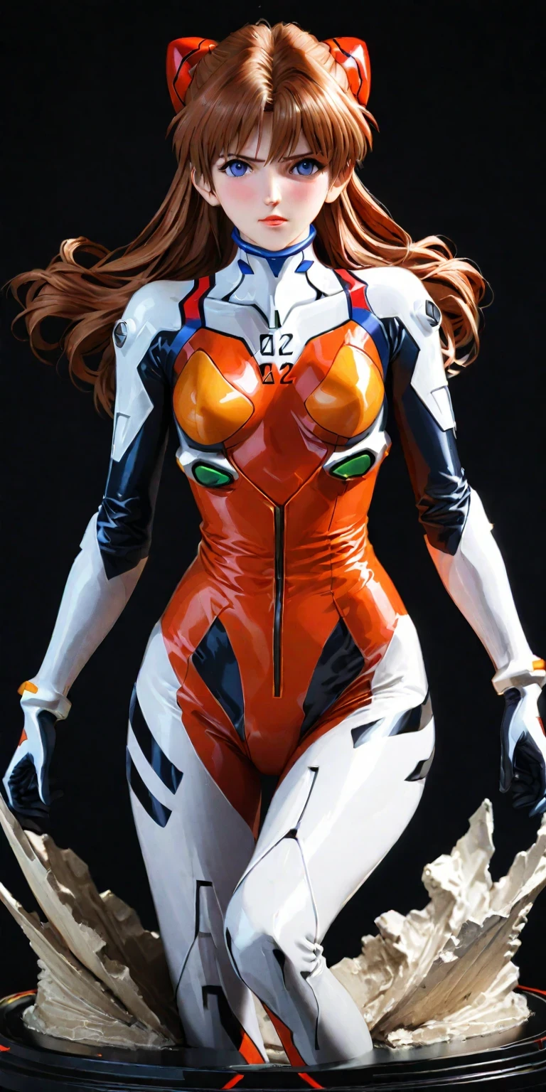 diy9，full body，A lifesize statue of Asuka Langley Shikinami from "Neon Genesis Evangelion" characterized by intricate detail and realistic features, including chignon mahogany hair, a plug suit, a face with a very detailed blush, suspended on a black background, a testament to the craftsmanship of the statue maker, German-American mixed heritage, EVA pilot with attitude, blonde hair, blue eyes, athletic, confident, intelligent, driven, competitive spirit, strong pride, fluency in English, German, Japanese, raised in America, daughter of a German mother and an American father, proud of her EVA piloting skills, fights against Angels with determination, hides emotional vulnerability beneath a tough exterior, dreams and fears, relationship with Shinji Ikari, role in the Evangelion project, intense battles with Angels, feelings about NERV and its goals, impact of parent's divorce, hopes for future, masterpiece, photorealistic, best lighting, depth of field, detailed character.
