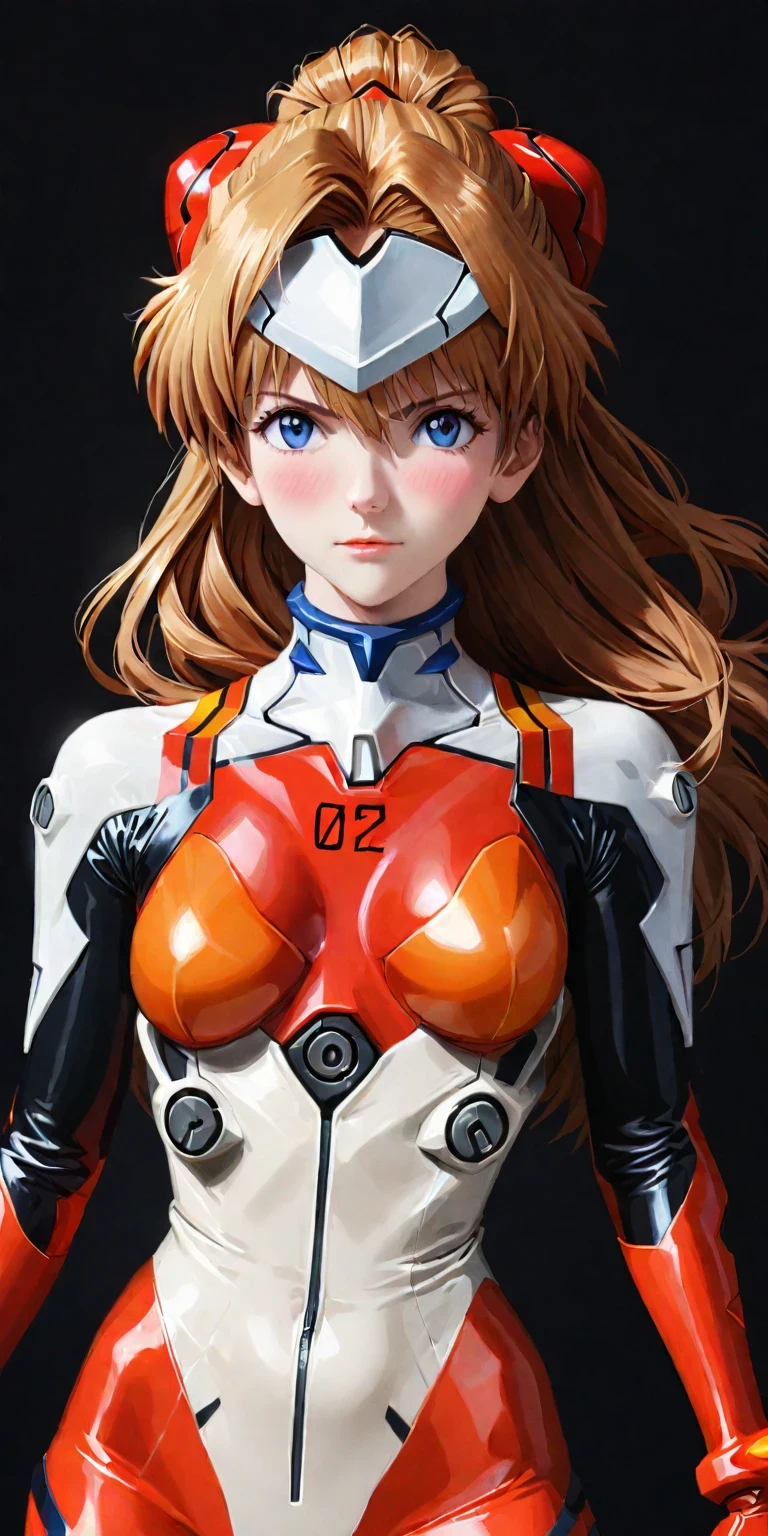 diy9，full body，A lifesize statue of Asuka Langley Shikinami from "Neon Genesis Evangelion" characterized by intricate detail and realistic features, including chignon mahogany hair, a plug suit, a face with a very detailed blush, suspended on a black background, a testament to the craftsmanship of the statue maker, German-American mixed heritage, EVA pilot with attitude, blonde hair, blue eyes, athletic, confident, intelligent, driven, competitive spirit, strong pride, fluency in English, German, Japanese, raised in America, daughter of a German mother and an American father, proud of her EVA piloting skills, fights against Angels with determination, hides emotional vulnerability beneath a tough exterior, dreams and fears, relationship with Shinji Ikari, role in the Evangelion project, intense battles with Angels, feelings about NERV and its goals, impact of parent's divorce, hopes for future, masterpiece, photorealistic, best lighting, depth of field, detailed character.
