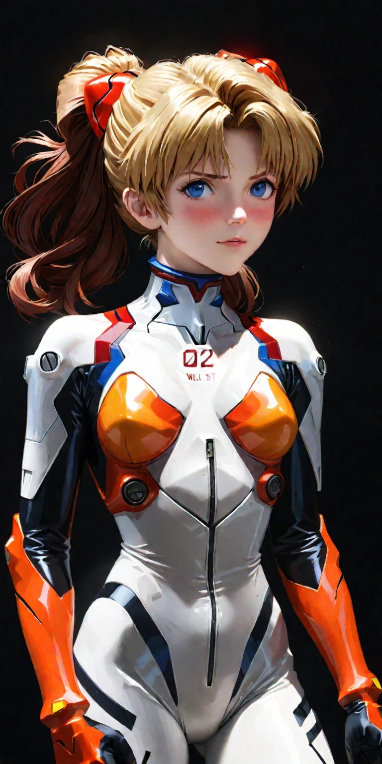 diy9，A lifesize statue of Asuka Langley Shikinami from "Neon Genesis Evangelion" characterized by intricate detail and realistic features, including chignon mahogany hair, a plug suit, a face with a very detailed blush, suspended on a black background, a testament to the craftsmanship of the statue maker, German-American mixed heritage, EVA pilot with attitude, blonde hair, blue eyes, athletic, confident, intelligent, driven, competitive spirit, strong pride, fluency in English, German, Japanese, raised in America, daughter of a German mother and an American father, proud of her EVA piloting skills, fights against Angels with determination, hides emotional vulnerability beneath a tough exterior, dreams and fears, relationship with Shinji Ikari, role in the Evangelion project, intense battles with Angels, feelings about NERV and its goals, impact of parent's divorce, hopes for future, masterpiece, photorealistic, best lighting, depth of field, detailed character.
