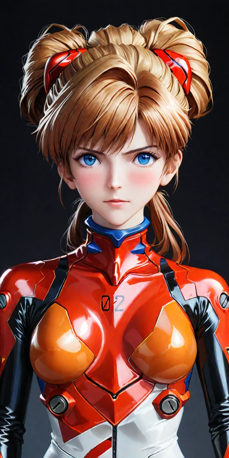 diy9，full body，A lifesize statue of Asuka Langley Shikinami from "Neon Genesis Evangelion" characterized by intricate detail and realistic features, including chignon mahogany hair, a plug suit, a face with a very detailed blush, suspended on a black background, a testament to the craftsmanship of the statue maker, German-American mixed heritage, EVA pilot with attitude, blonde hair, blue eyes, athletic, confident, intelligent, driven, competitive spirit, strong pride, fluency in English, German, Japanese, raised in America, daughter of a German mother and an American father, proud of her EVA piloting skills, fights against Angels with determination, hides emotional vulnerability beneath a tough exterior, dreams and fears, relationship with Shinji Ikari, role in the Evangelion project, intense battles with Angels, feelings about NERV and its goals, impact of parent's divorce, hopes for future, masterpiece, photorealistic, best lighting, depth of field, detailed character.
