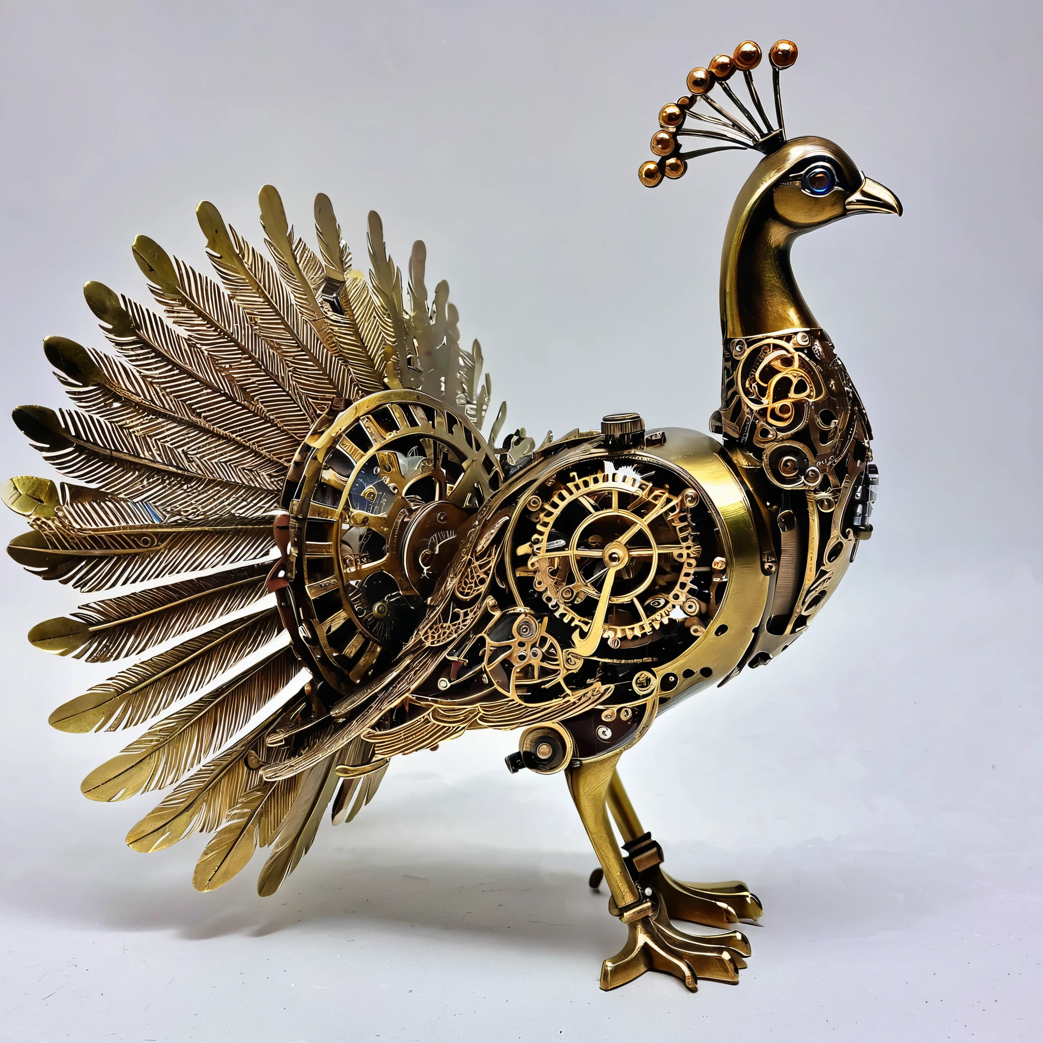 A steampunk-inspired peacock with brass-plated, gear-shaped feathers and intricate, clockwork-powered baroque mechanisms.