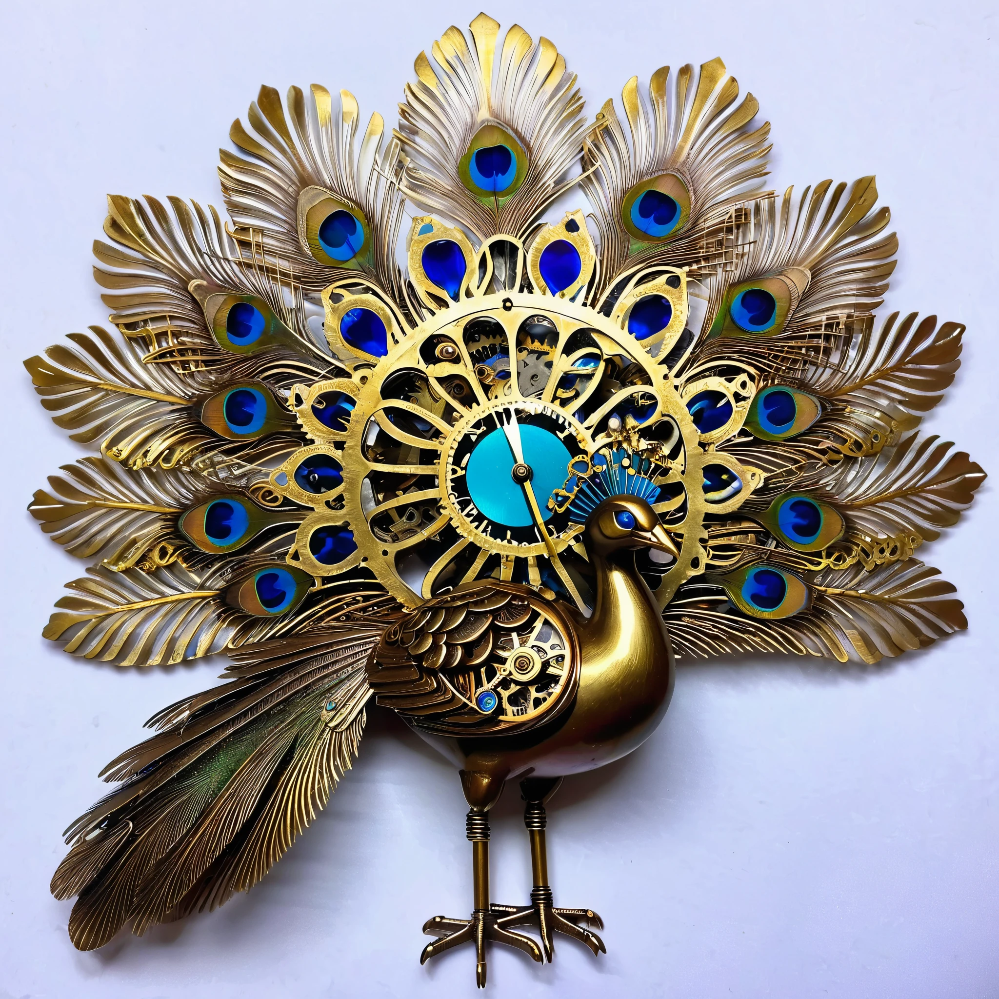 A steampunk-inspired peacock with brass-plated, gear-shaped feathers and intricate, clockwork-powered baroque mechanisms.