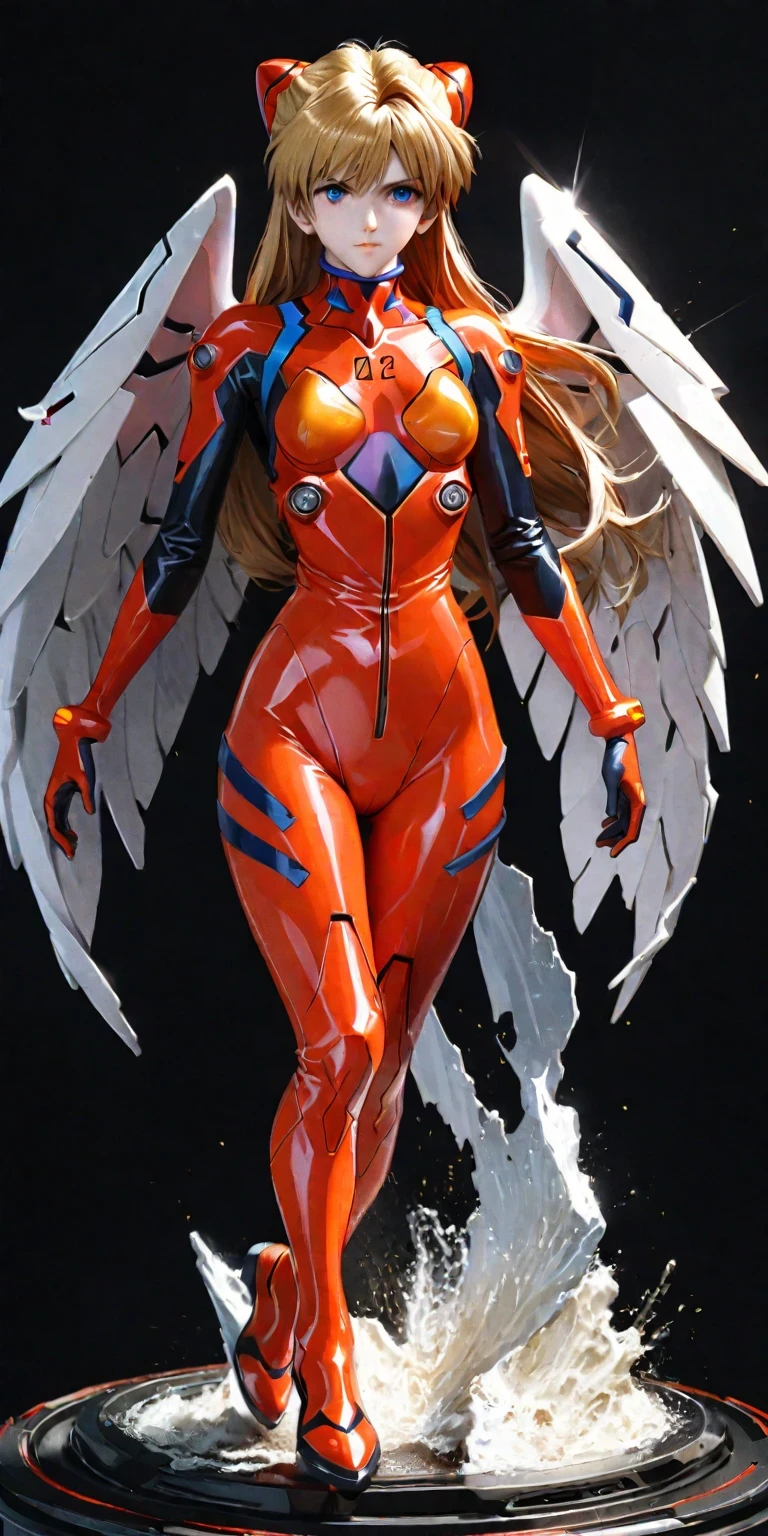 diy9，full body，A lifesize statue of Asuka Langley Shikinami from "Neon Genesis Evangelion" characterized by intricate detail and realistic features, including chignon mahogany hair, a plug suit, a face with a very detailed blush, suspended on a black background, a testament to the craftsmanship of the statue maker, German-American mixed heritage, EVA pilot with attitude, blonde hair, blue eyes, athletic, confident, intelligent, driven, competitive spirit, strong pride, fluency in English, German, Japanese, raised in America, daughter of a German mother and an American father, proud of her EVA piloting skills, fights against Angels with determination, hides emotional vulnerability beneath a tough exterior, dreams and fears, relationship with Shinji Ikari, role in the Evangelion project, intense battles with Angels, feelings about NERV and its goals, impact of parent's divorce, hopes for future, masterpiece, photorealistic, best lighting, depth of field, detailed character.
