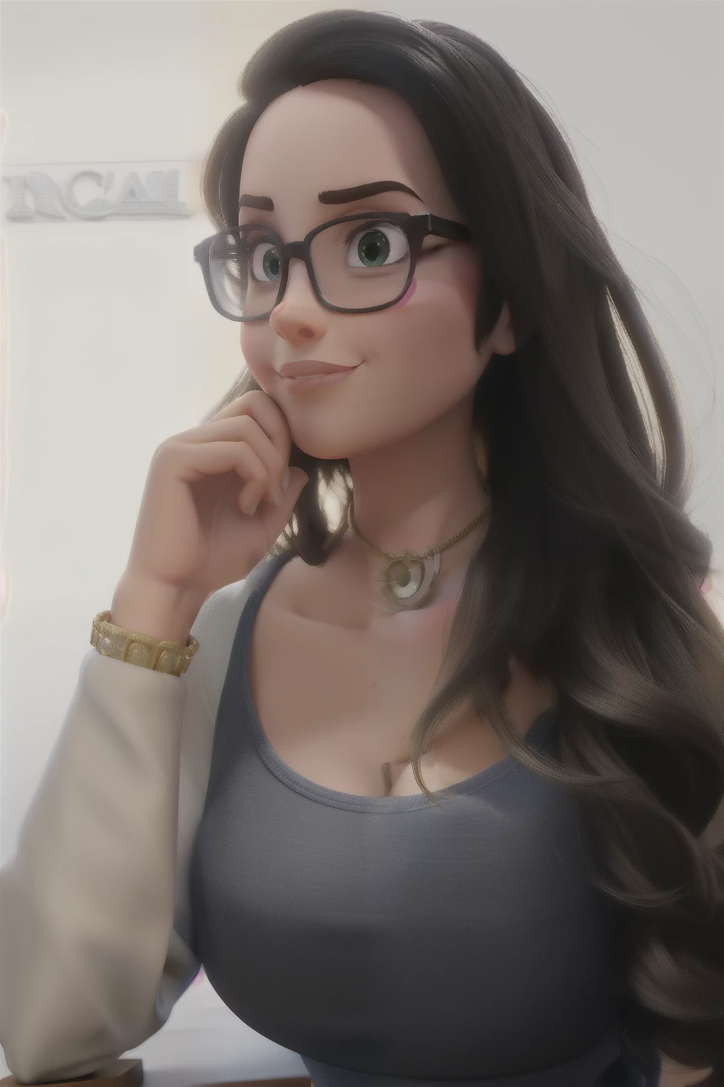 linda mulher olhando d lado, cabelos longos, square frame glasses pouting, imagem estilo Disney Pixar, melhor imagem alta qualidade