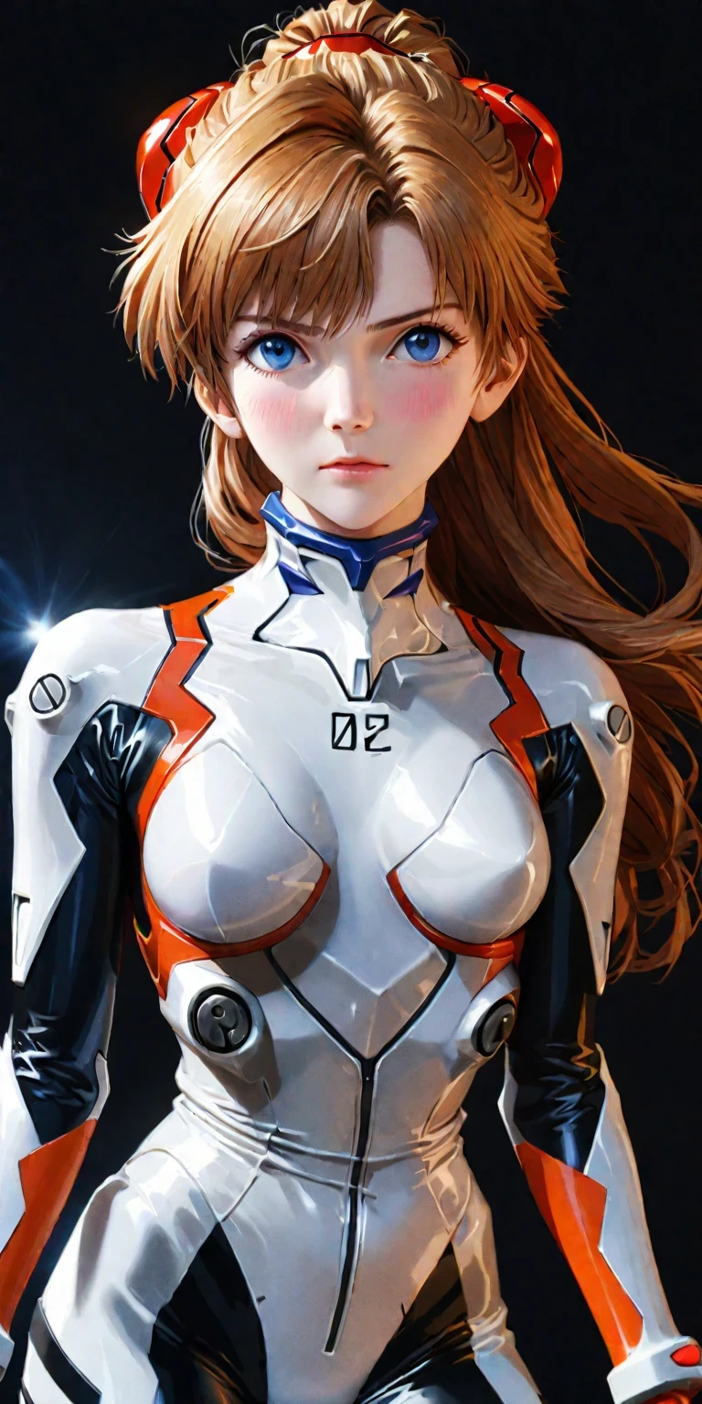 diy9，full body，A lifesize statue of Asuka Langley Shikinami from "Neon Genesis Evangelion" characterized by intricate detail and realistic features, including chignon mahogany hair, a plug suit, a face with a very detailed blush, suspended on a black background, a testament to the craftsmanship of the statue maker, German-American mixed heritage, EVA pilot with attitude, blonde hair, blue eyes, athletic, confident, intelligent, driven, competitive spirit, strong pride, fluency in English, German, Japanese, raised in America, daughter of a German mother and an American father, proud of her EVA piloting skills, fights against Angels with determination, hides emotional vulnerability beneath a tough exterior, dreams and fears, relationship with Shinji Ikari, role in the Evangelion project, intense battles with Angels, feelings about NERV and its goals, impact of parent's divorce, hopes for future, masterpiece, photorealistic, best lighting, depth of field, detailed character.
