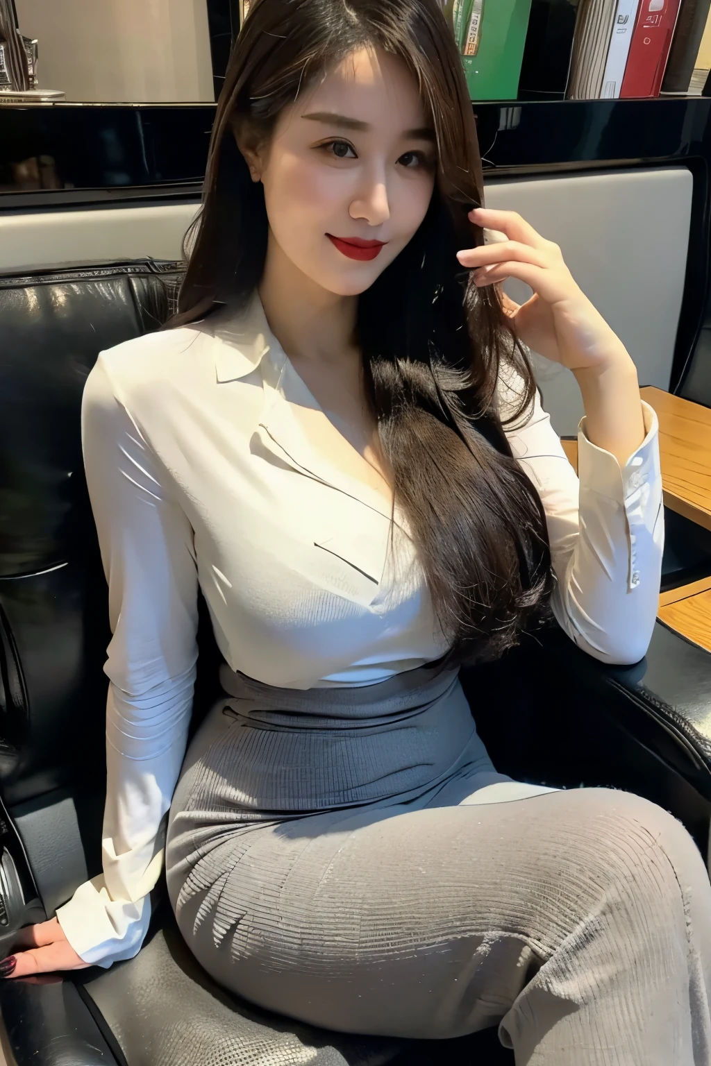 ((top quality、8k、masterpiece:1.3))、sharp focus, High level of image quality, high resolution，shirt，business attire，37-year-old woman with long wavy hair，Mature，charming smile，Draw lips correctly, red lipstick，stand，Chubby body，Big breasts，office interior background，full-body shot
