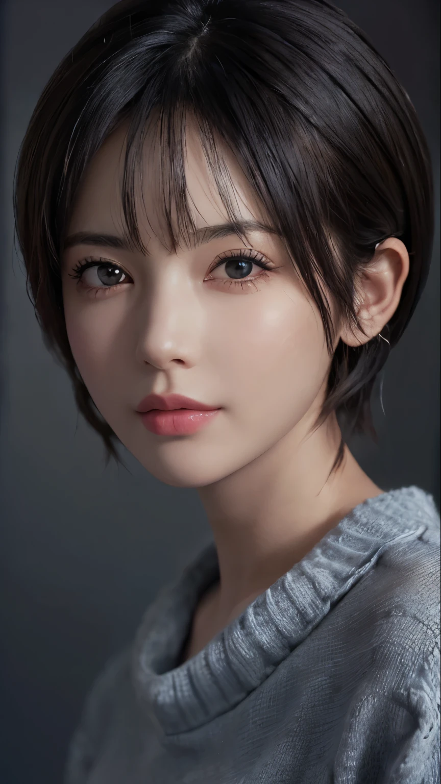 (masterpiece:1.3), (8K, realistic, Raw photo, highest quality: 1.4), (1 girl), beautiful face, (realistic face), (black hair, short hair:1.3), beautiful hairstyle, realistic eyes, detailed and beautiful eyes, (realistic skin), beautiful skin, (sweater), disorganized, Charm, ultra high resolution, surreal, very detailed, golden ratio