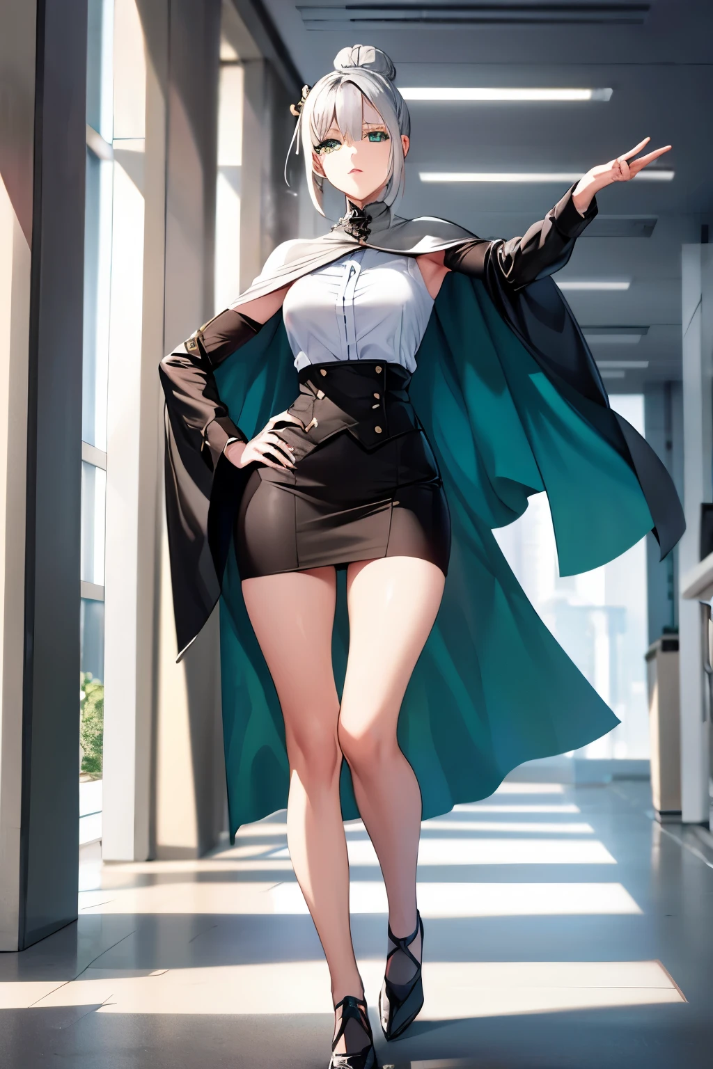 tall girl, silver hair, hair bun, one arm raised, full body, shoulders, thighs, green eyes, standing, short skirt, office lady, cape, sideview