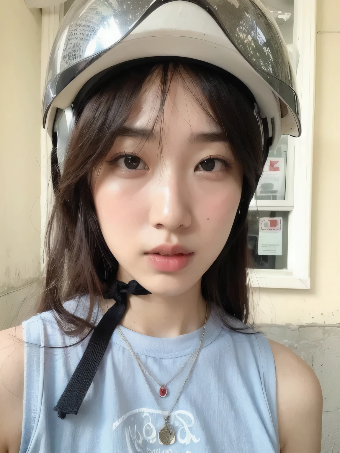 arafed asian girl wearing a helmet and a necklace, young adorable korean face, wan adorable korean face, ulzzang, jinyoung shin, girl cute-fine-face, young cute wan asian face, korean symmetrical face, beautiful south korean woman, jaeyeon nam, gorgeous young korean woman, korean girl, pale round face, with cute - fine - face