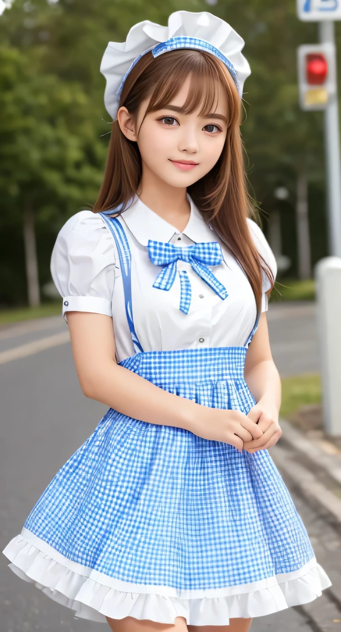 Angelic very beautiful cute young girl,
Beautiful detailed eyes,
Detailed double eyelids,
(Soft Saturation: 1.3),
(Fair skin: 1.3),v-line jaw,
(Large eyes:1.4),
Long straight brown hair,
see-through bangs,(17 yo:1.3),
Sharp Focus,
beautiful detailed face and eyes,
drooping eyes,
small straight nose,
small mouth,
happy smiling with visible teeth, 85mm lens, F/8.0,BREAK (Super shiny white and metallic blue gingham maid costume :1.3),Walking,Brown hair ,(Costumes with strong reflective surfaces:1.4),
(Best Quality:1.2),(ginghham Maid costume:1.5),
Raw photo,
High resolution,
perfect detail,
Professional Photography,
Professional Lighting,
Powerful lighting of the costume,In the street