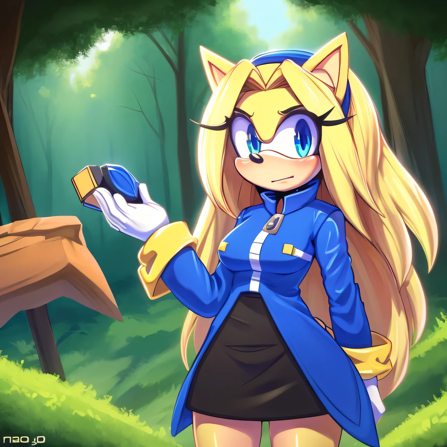 score_9, score_8_up, score_7_up, ((Masterpiece)), high quality, studio quality, 1girl, (((Maria the Hedgehog))), Female, Mobian, Hedgehog, (((light yellow fur))), (((long light yellow hair/quills))), light blue eyes, Eggman cosplay, Eggma'am cosplay, Eggma'am outfit, (((blue jacket))), black or grey skirt, looking at viewer, blush, forest, lower back length hair, long hair, hair bangs, mouth slightly open, curious expression
