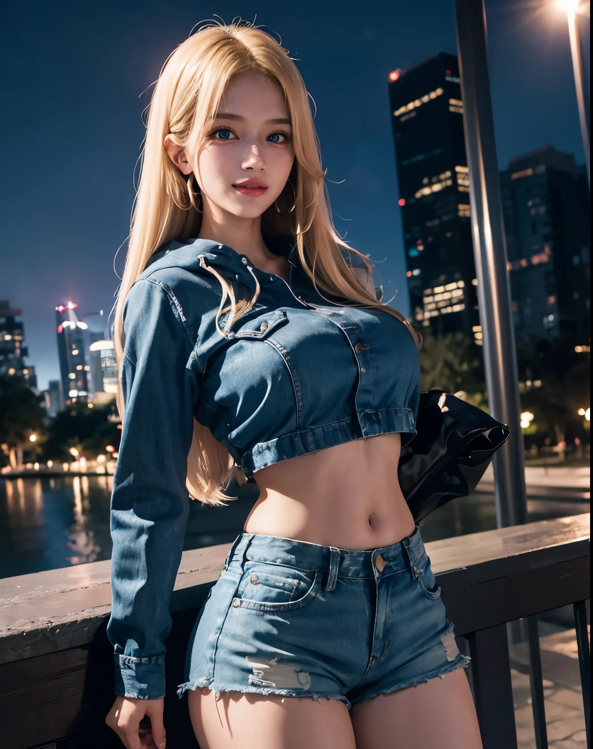 1girl, (Blue Eyes), (smiling :1.2), (Sana Minatozaki), wide hips, Big tits, big ass, (Best Quality, 8k, Masterpiece: 1.3), Clear Focus: 1.2, Perfect Body Beauty: 1.4, Highly detailed face and skin texture, detailed eyes, double eyelids, (blond long straight hair :1.2), (black anorak), (denim shorts), standing, dynamic pose, in a park at night , buildings at night in the background, deep on field