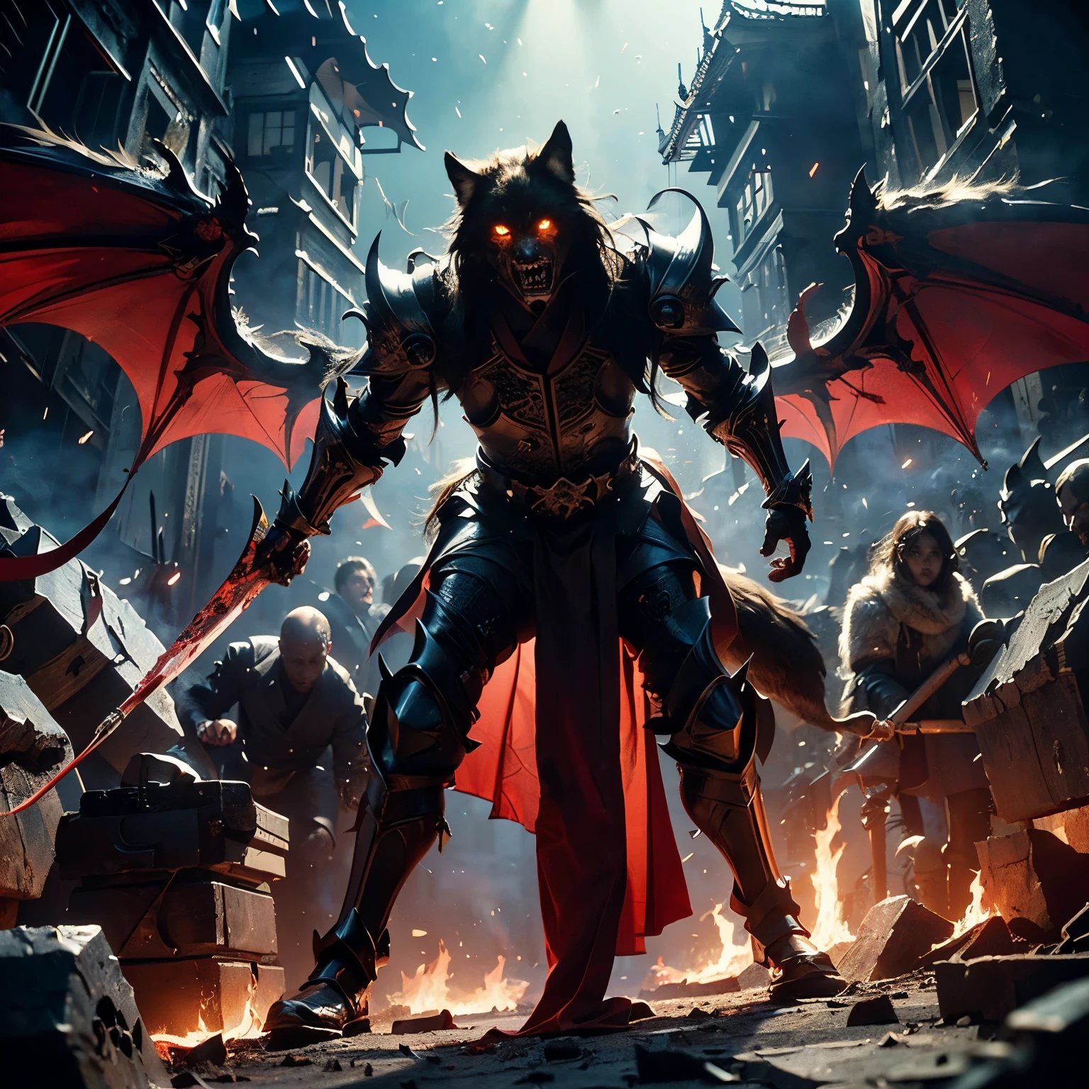 (((Realistic, masterpiece, best quality, crisp detail, high definition, high detail, very rich detail, sharp focus, sharp detail, colorful, rich color, perfect studio lightning))), ((20 years old, beautiful devil, kasumi arimura, evil gothic make up, flying, floating)),(((in the middle of war, epic war scene, attack stance))), wearing (((beautiful decorated black heavy armor, dark dragon armor, decorated full body armor, fully armored beautiful kimono, wide fire diabolos wings))), (flying, holding giant blade, blood scattered face, blood tears, blood bath, blood shed), (((fire everywhere, blood everywhere, death everywhere, japan bakumatsu period, dead bodies,carcass,burned japanese castle, cerberus, three headed wolves, were wolves, hellish,chaos, inferno)) traditional village background, dark atmosphere, bloody night)