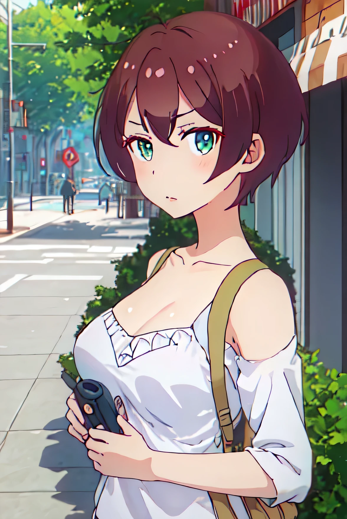 best quality, masterpiece, highres, solo, {shinoda_hajime_newgame:1.15}, brown_hair, short_hair, green_eyes, blush, collarbone, serious, big_forehead, 1girl, anime_coloring, closed_mouth, hair_between_eyes, portrait, bangs, looking_at_viewer, blurry, outdoors