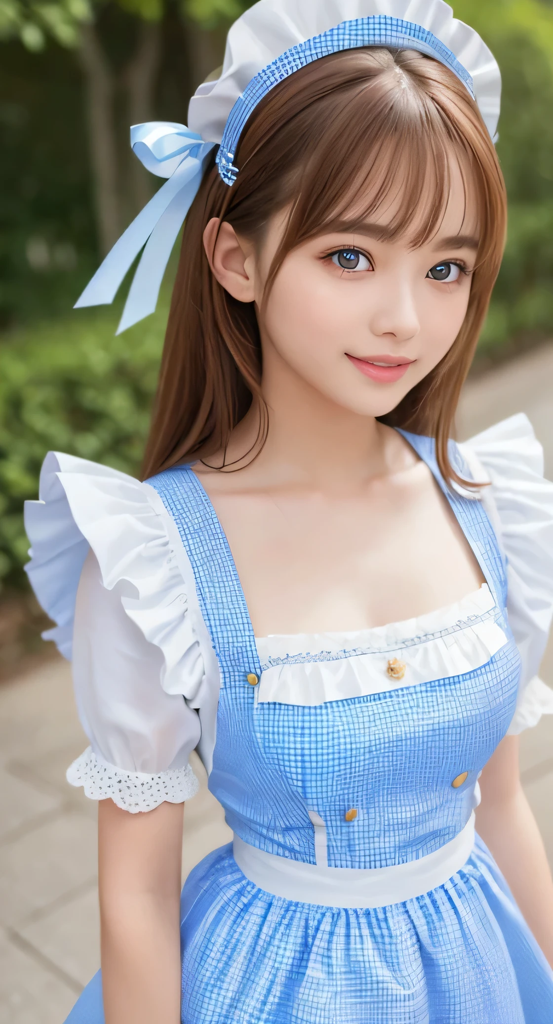 Angelic very beautiful cute young girl,
Beautiful detailed eyes, 
Detailed double eyelids,
(Soft Saturation: 1.3), 
(Fair skin: 1.3),v-line jaw,
(Large eyes:1.4),
Long straight brown hair, 
see-through bangs,(17 yo:1.3),
Sharp Focus,
beautiful detailed face and eyes, 
drooping eyes,
small straight nose,
small mouth, 
happy smiling with visible teeth, 85mm lens, F/8.0,BREAK (Super shiny white and metallic blue gingham maid costume :1.3),Walking,Brown hair ,(Costumes with strong reflective surfaces:1.4),
(Best Quality:1.2),(ginghham Maid  costume:1.5),
Raw photo, 
High resolution, 
perfect  detail, 
Professional Photography, 
Professional Lighting,
Powerful lighting of the costume,In the street
