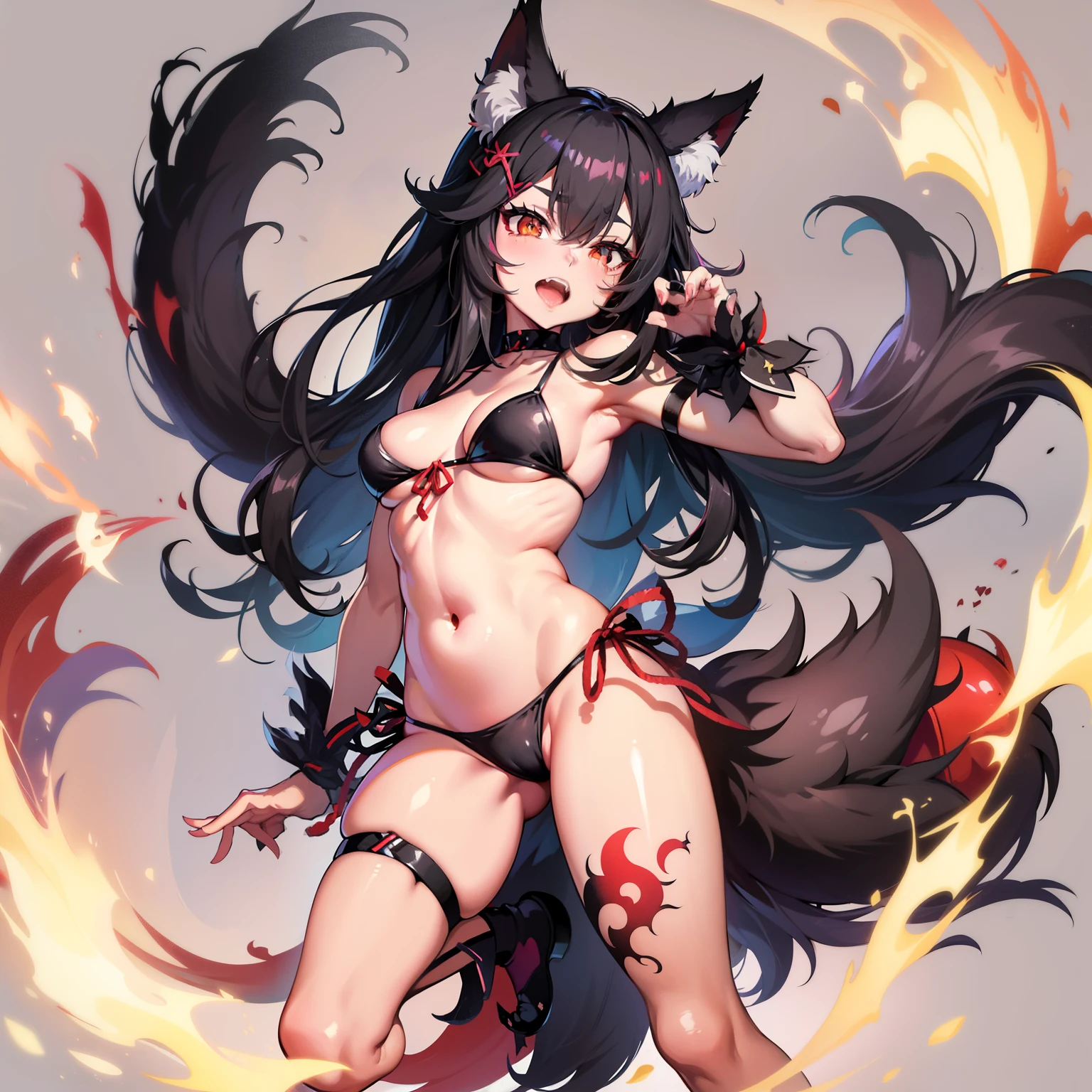 Anime girl with black hair and dog ears and a black bikini, fox and bush, Ahri, mika kurai demon, ayaka genshin impact, fire!! full body, devil anime girl, by ヤン・J, Trending on Art Station Pixiv, anime moe art style, kemono, From Arknights, by kamaruga