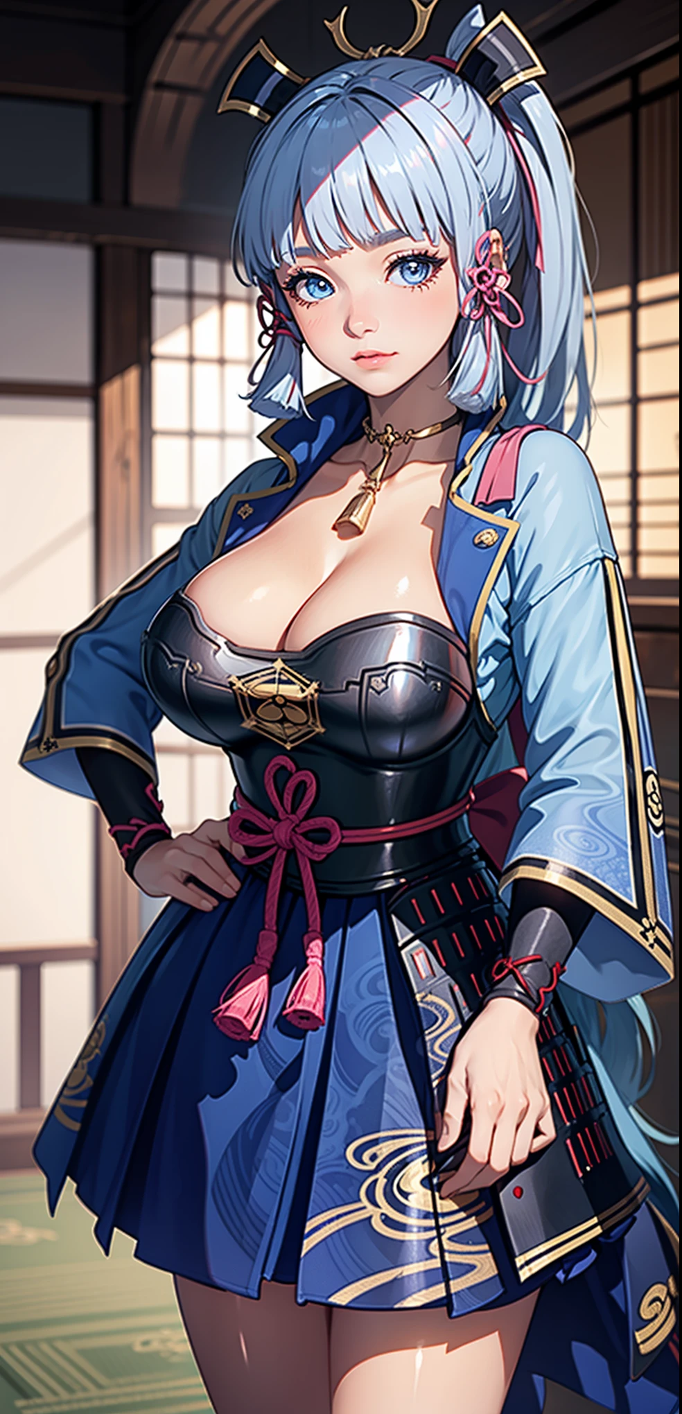 Masterpiece, high quality, 8k, ultra detailed, detailed face, (huge breast), standing, blush, bright eye, indoors, (detail face), kamisatoayakadef, stand up straight, cleavage,