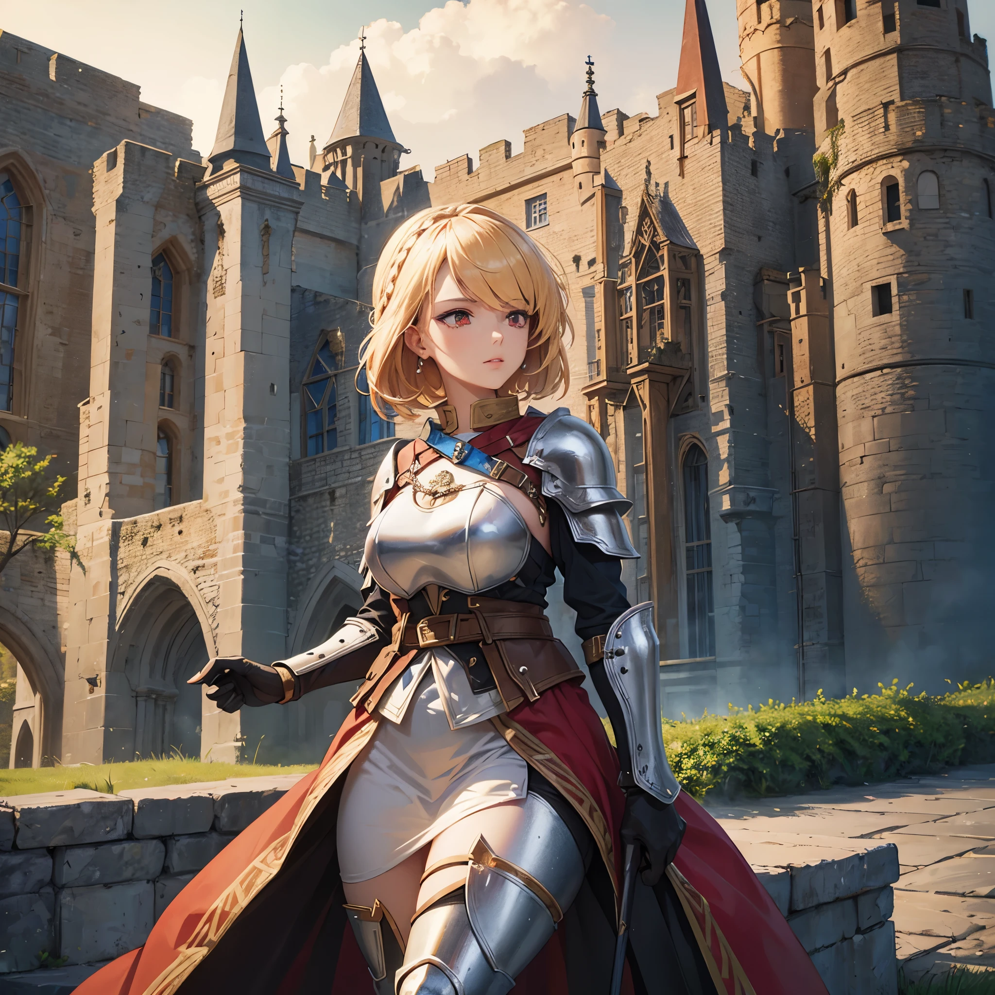 A woman in medieval armor from the 1200s, custom armor, outside a medieval castle, stone floor, short blonde hair, red eyes,very detailed, masterpiece, ultra resolution, perfect quality, 4k hd.
