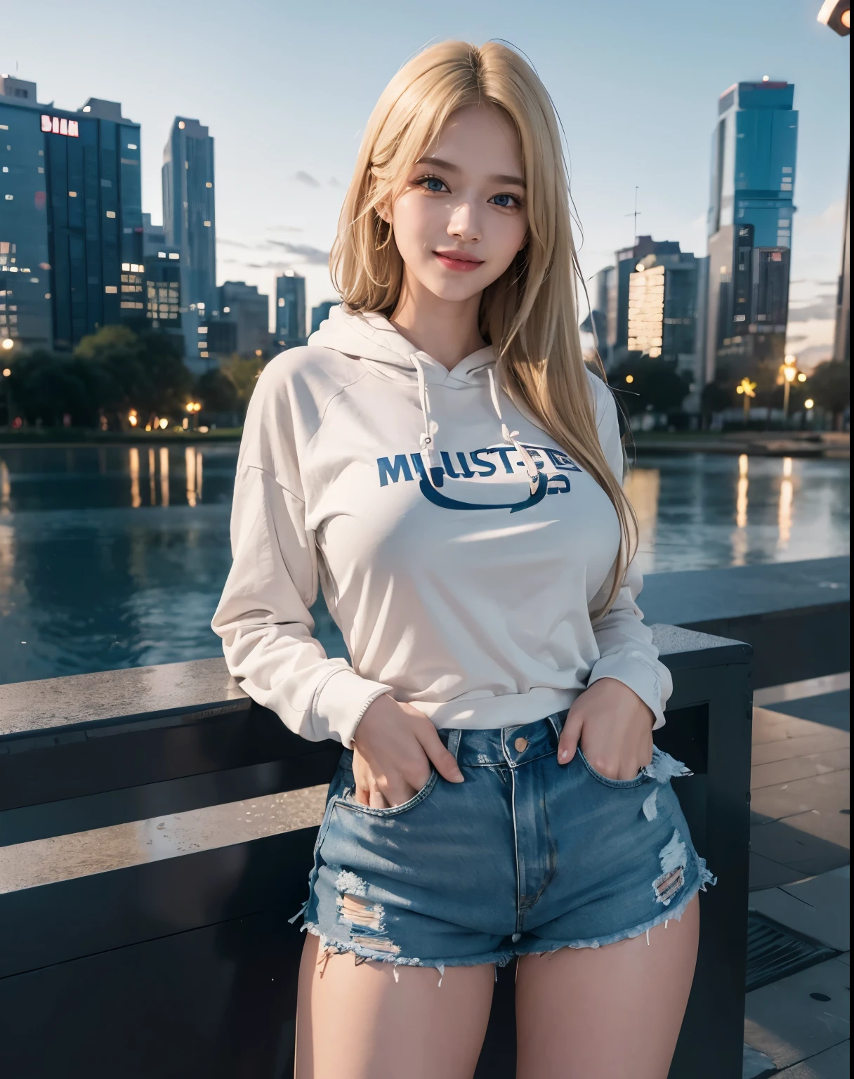 1girl, (Blue Eyes), (smiling :1.2), (Sana Minatozaki), wide hips, Big tits, big ass, (Best Quality, 8k, Masterpiece: 1.3), Clear Focus: 1.2, Perfect Body Beauty: 1.4, Highly detailed face and skin texture, detailed eyes, double eyelids, (blond long straight hair :1.2), (black hoodie), (denim shorts), standing, dynamic pose, in a park at night , buildings at night in the background, deep on field