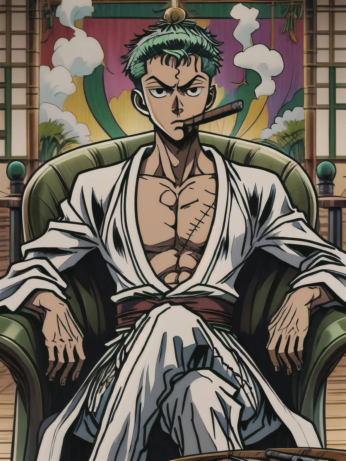 1boy,, masterpiece,best quality, roronoa zoro, muscular male, scar, scar across eye,japanese clothes, green kimono,smoking on lounge