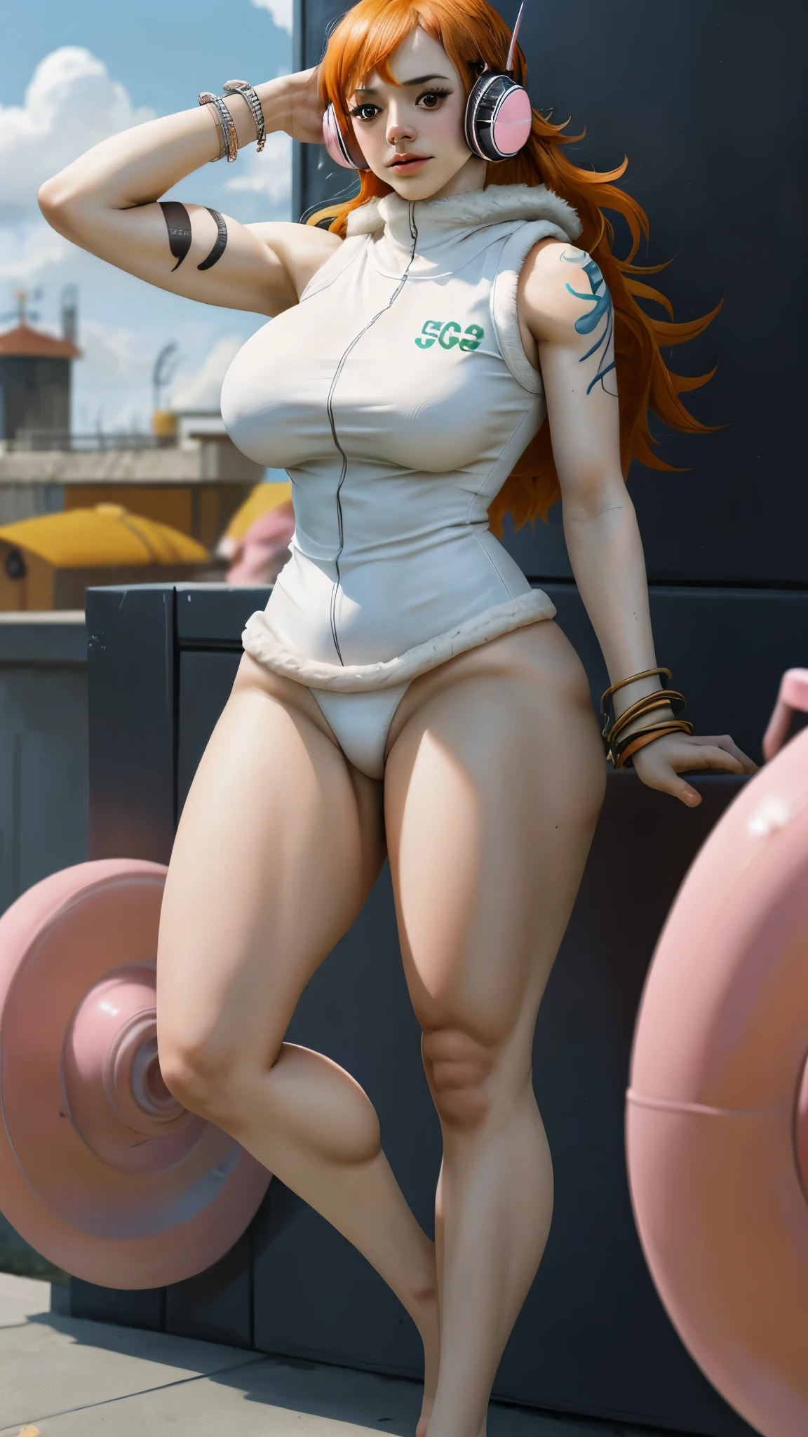 eggnami 1girl, solo, long hair, breasts, orange hair, headphones, sleeveless, brown eyes, nami, bracelet, jewelry, underwear, swimsuit, fur trim, white topwear, pink pouch, ((panties)), big breast, thick thighs, muscular body, wide hips