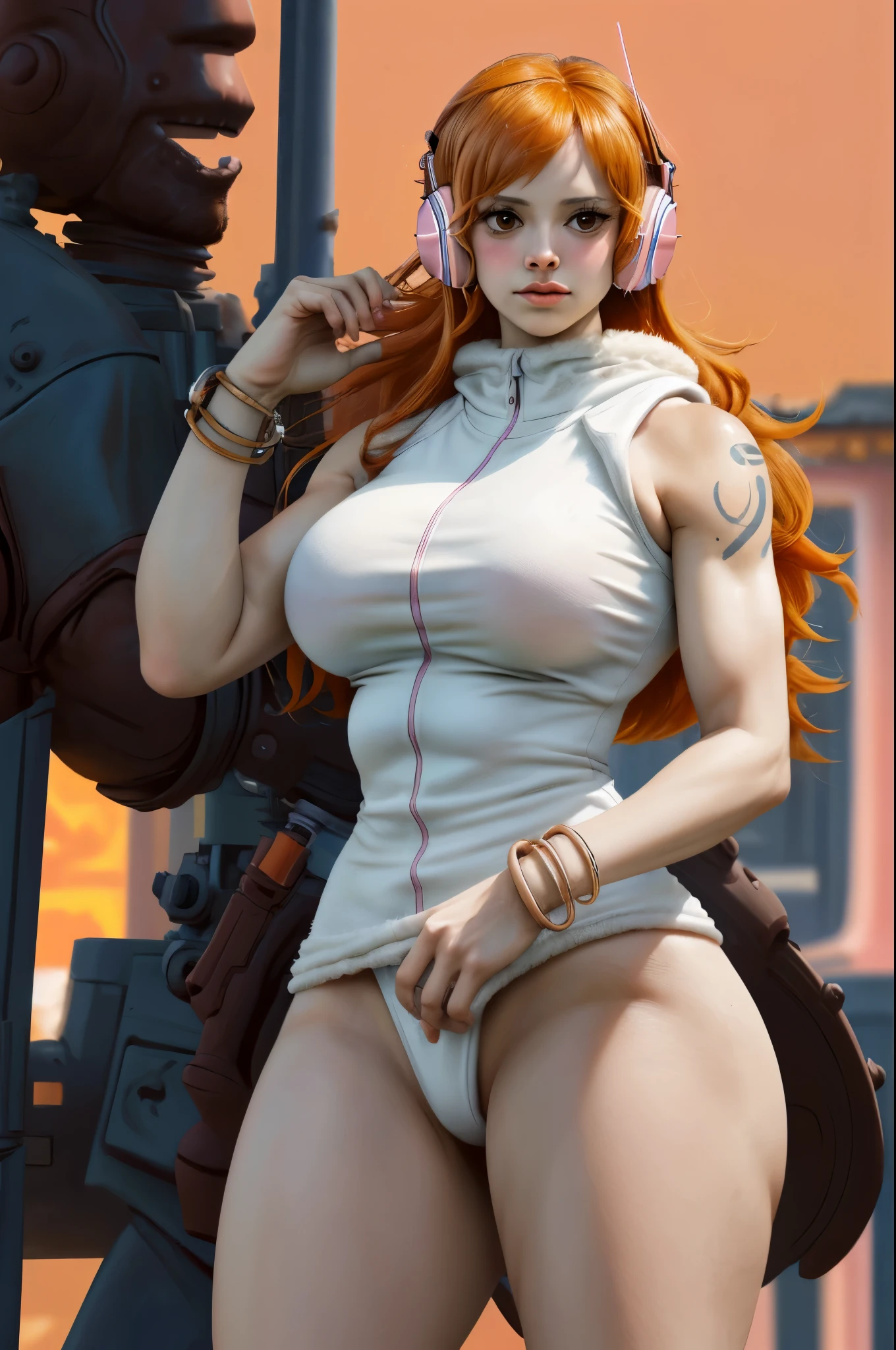 eggnami 1girl, solo, long hair, breasts, orange hair, headphones, sleeveless, brown eyes, nami, bracelet, jewelry, underwear, swimsuit, fur trim, white topwear, pink pouch, ((panties)), big breast, thick thighs, muscular body, wide hips