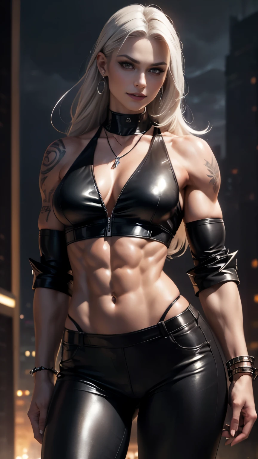 (best quality,4k,8k,highres,masterpiece:1.2),ultra-detailed,(realistic,photorealistic,photo-realistic:1.37),medium:oil painting,a gorgeous (((female vampire, long fangs, sharp teeth, sharp canines,))) sadistic smirk, small smile, tall, statuesque, imposing, towering, toned, slender, slim, wide shoulders, strong deltoids, narrow waist, narrow hips, leather outfit, leather pants, (biceps, triceps), (((eight pack abs, extremely well defined abs, strong abs, visible muscles through clothing))) long eyelashes, make up, perfect eyes, detailed eyes, gorgeous eyes, ((glowing silver eyes)), perfect lips, perfect mouth, (platinum blonde hair), black crop top, (leather jacket, waistcoat,) sleeves, necklace, earrings, bracelets, tattoo on shoulder, tattoo on arm, tattoo on abs, ((at night))