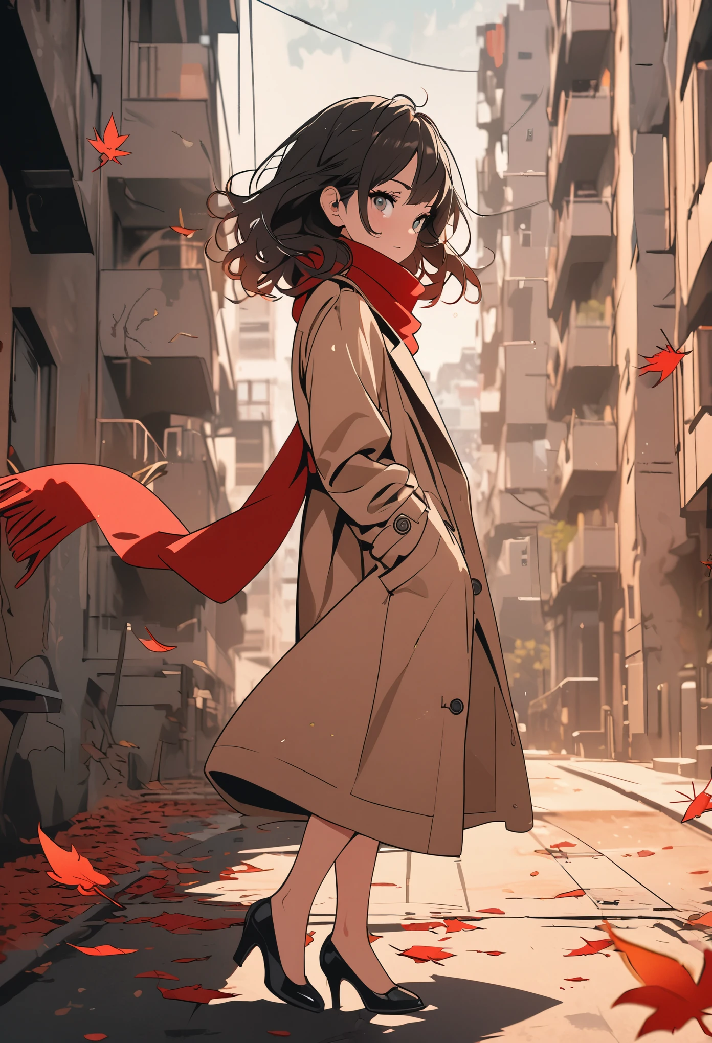 (((Vector illustration))),Flat coating,((Celluloid style)),(children illustration),side view,fallen leaves,girl,Beige trench coat,red scarf,High heel,Apartment background,((minimalist art)),8K,masterpiece,Rich details