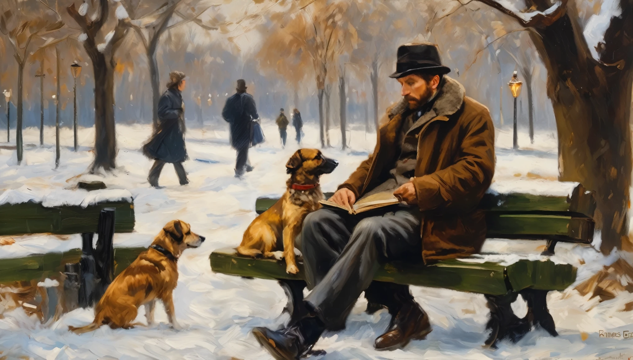 Impressionism, style by Pierre-Auguste Renoir and Roman Polanski , A bench in a winter park near the gatehouse 2010 года, a man with a short brown beard, in a brown jacket, sits on it and feeds a mongrel dog, book, backpack snow, clearings, thaw, cloudy, passers-by, oil on the canvas,noir, Thick brushstrokes,insanely details,8K UHD