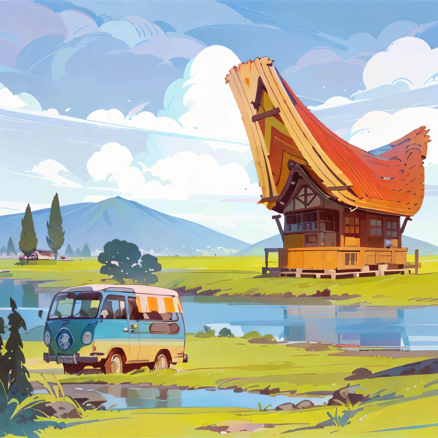 grass ground, blue skies, day time, far away, wide angle, mountain, illustration of a van driving past a boat on a lake, stylized digital illustration, mid century modern cartoon style, japan rural travel, cartoon style illustration, anime countryside landscape, in style of digital illustration, 70s, 7 0 s, anime yuru camp, inspired by Tim Biskup, environment design illustration, ( land ), bus, road trip