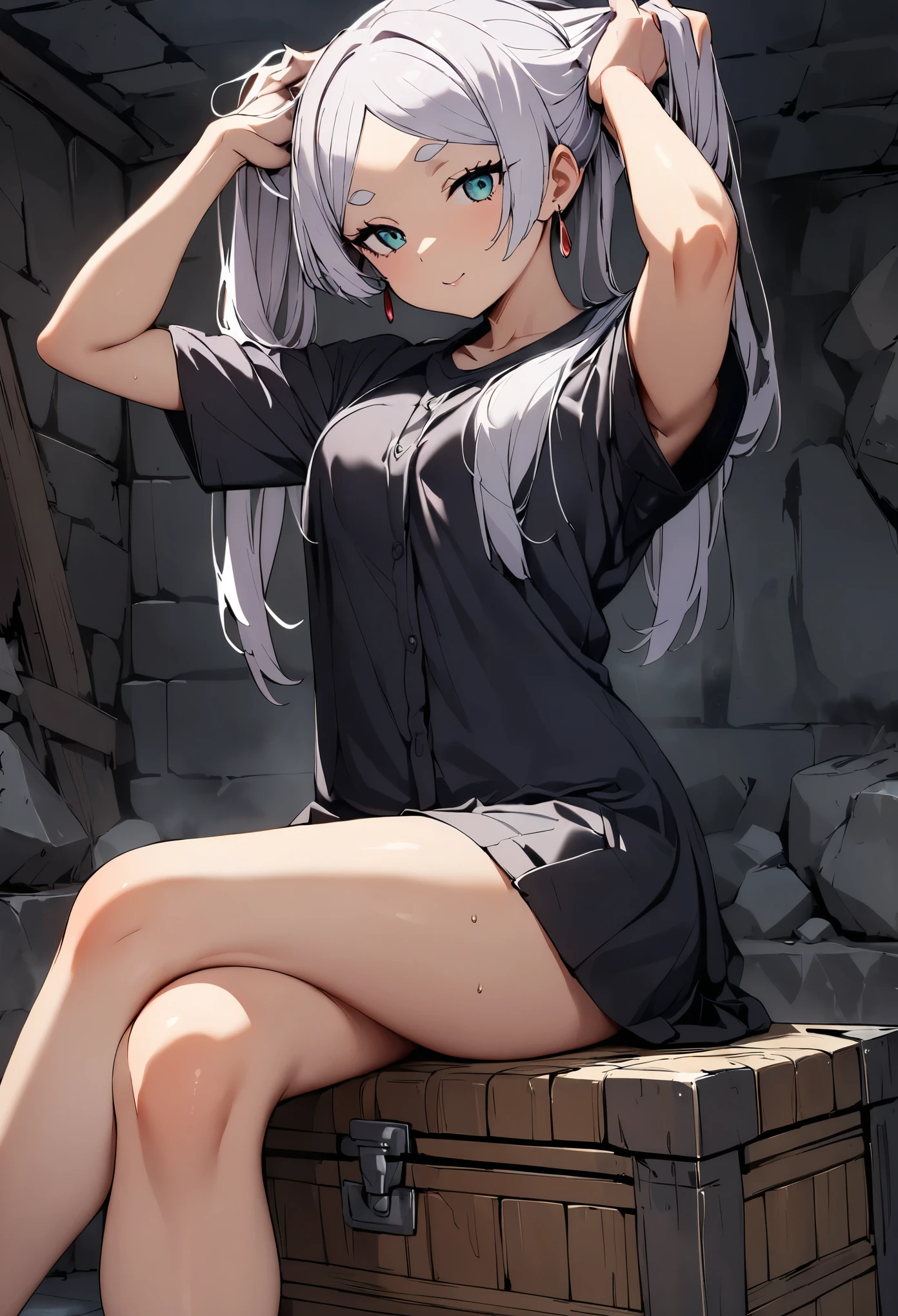 1girl, frieren, sousou no frieren, sexy, short dress, cold look, masterpiece, bestquality, on dungeon, looking camera, sitting on a mimic chest, crossed legs, hands on hair, stretching, grimoires on the floor