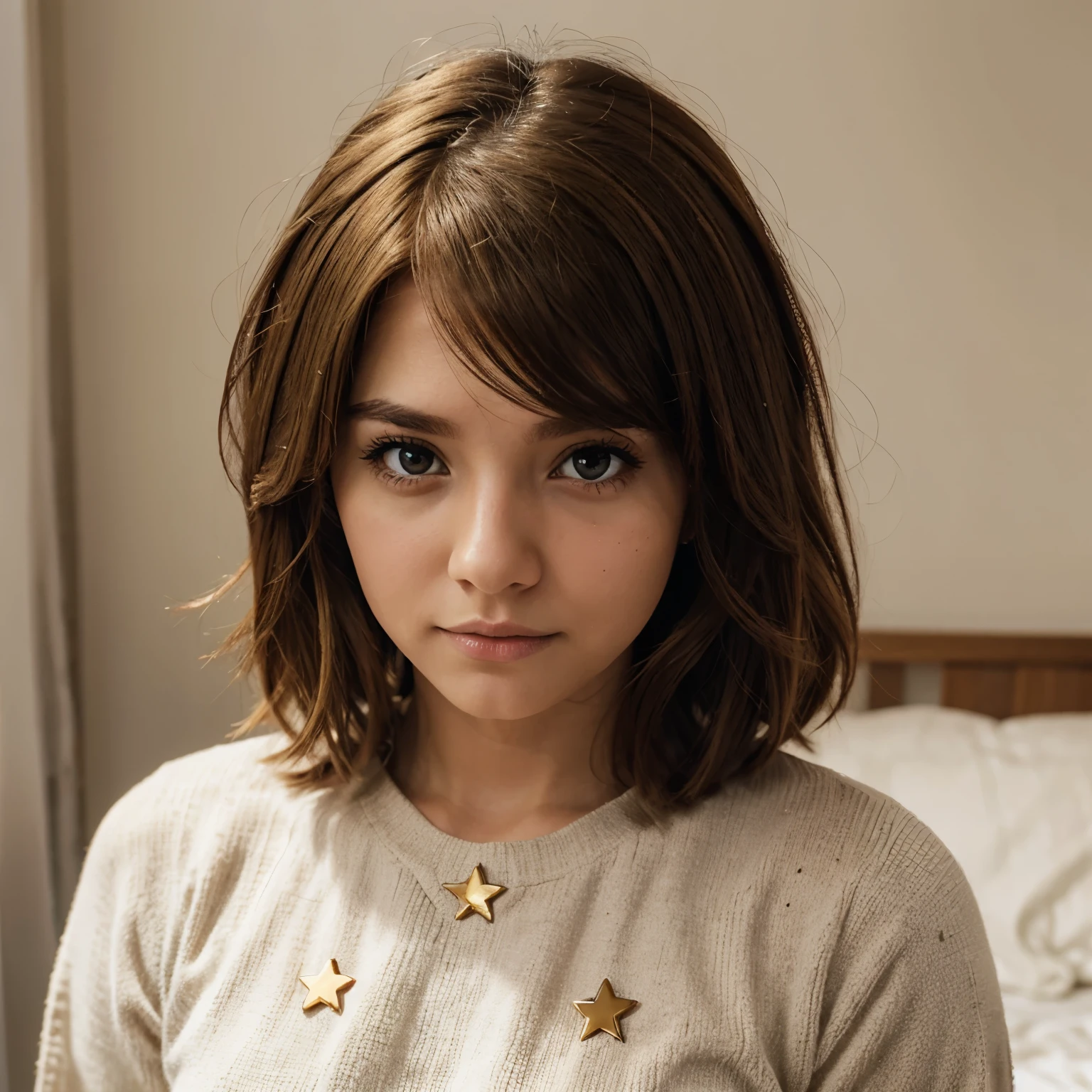 Brown-blond hair girl, corto al hombro y con un broche de estrella. My hero academia style brown eyes