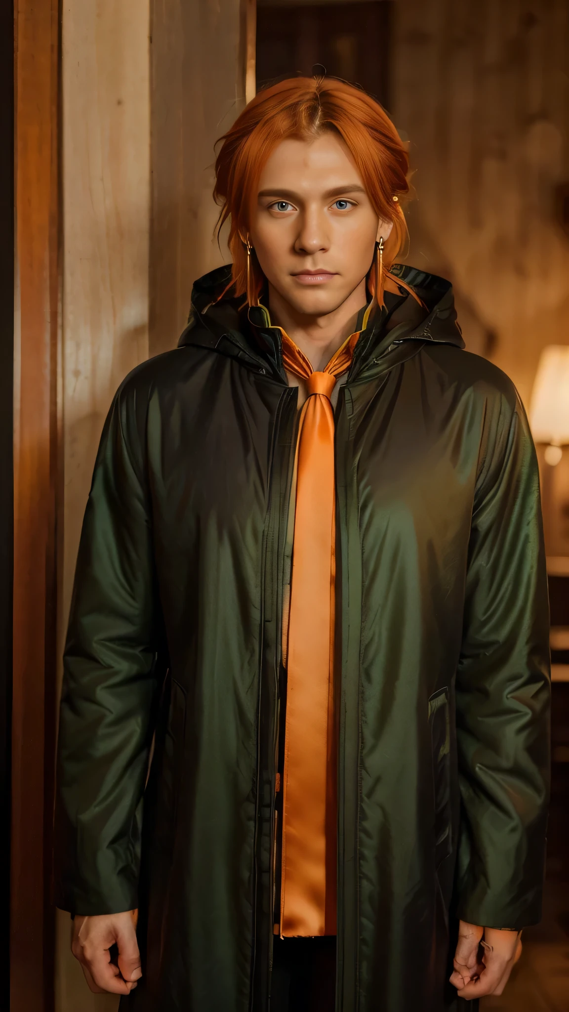 ((highest quality, masterpiece, 1 male, good looking, male, adult male, older male, broad shoulders, tall((big hair)), looking at the viewer ((green eyes)), ((orange hair, tied hair), Are standing, earrings, old face, adult, anime version, black coat costume, tallmale, anime, coat costume, Show entire character