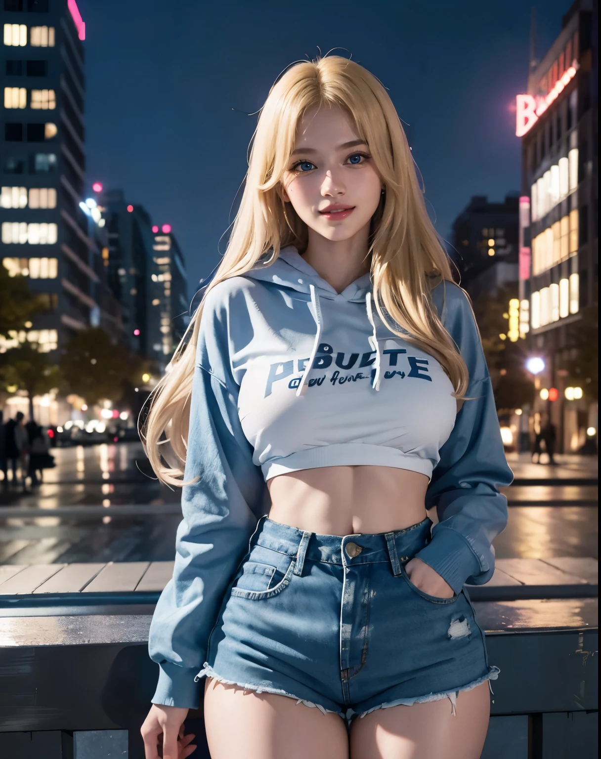 1girl, (Blue Eyes), (smiling :1.2), (Sana Minatozaki), wide hips, Big tits, big ass, (Best Quality, 8k, Masterpiece: 1.3), Clear Focus: 1.2, Perfect Body Beauty: 1.4, Highly detailed face and skin texture, detailed eyes, double eyelids, (blond long straight hair :1.2), (black hoodie), (denim shorts), standing, dynamic pose, in a park at night , buildings at night in the background, deep on field