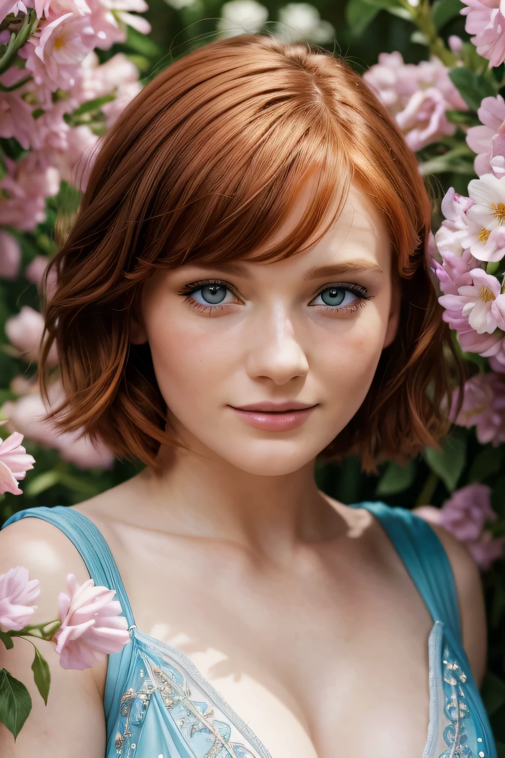 Masterpiece, european woman, (Bryce Dallas Howard: 0.5), 20 years, young, short hair, vivid orange hair, shy, cute, playful smile, high detail face, high detail skin, delicate colorful dress, (high detail eyes:1.3), (small breasts:1.2), (strong athletic body), garden wiith colorful flowers background, (UHD, 8K wallpaper, High resolution), Cinematic lighting, award-winning, extremely white detailed skin, extra detailed face, high detail eyes, photo-realistic, Zeiss 85 mm F/1.4, by Ellen von Unwerth
