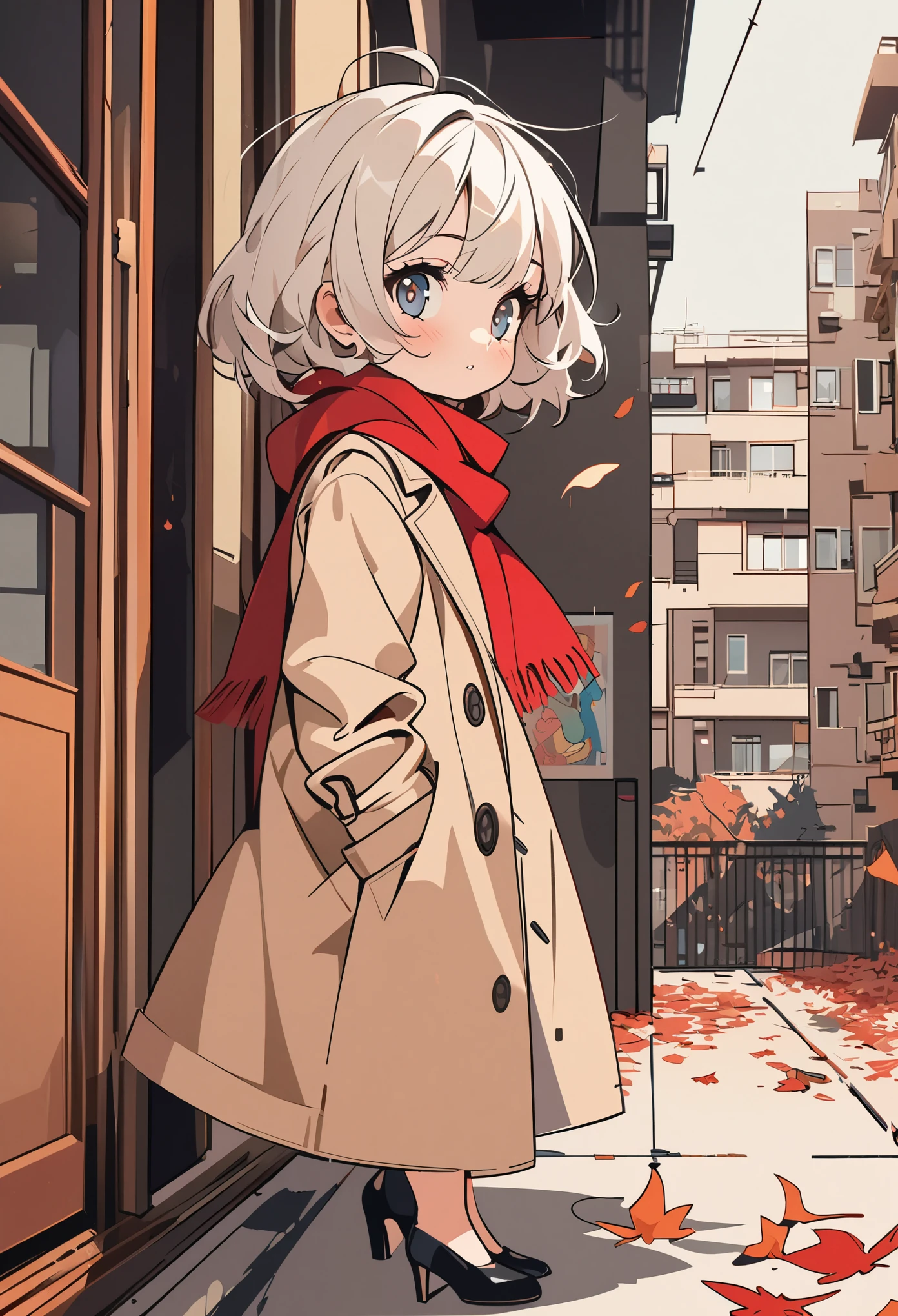 (((Vector illustration))),Flat coating,((Celluloid style)),(children illustration),side view,fallen leaves,girl,Beige trench coat,red scarf,High heel,Apartment background,((minimalist art)),8K,masterpiece,Rich details