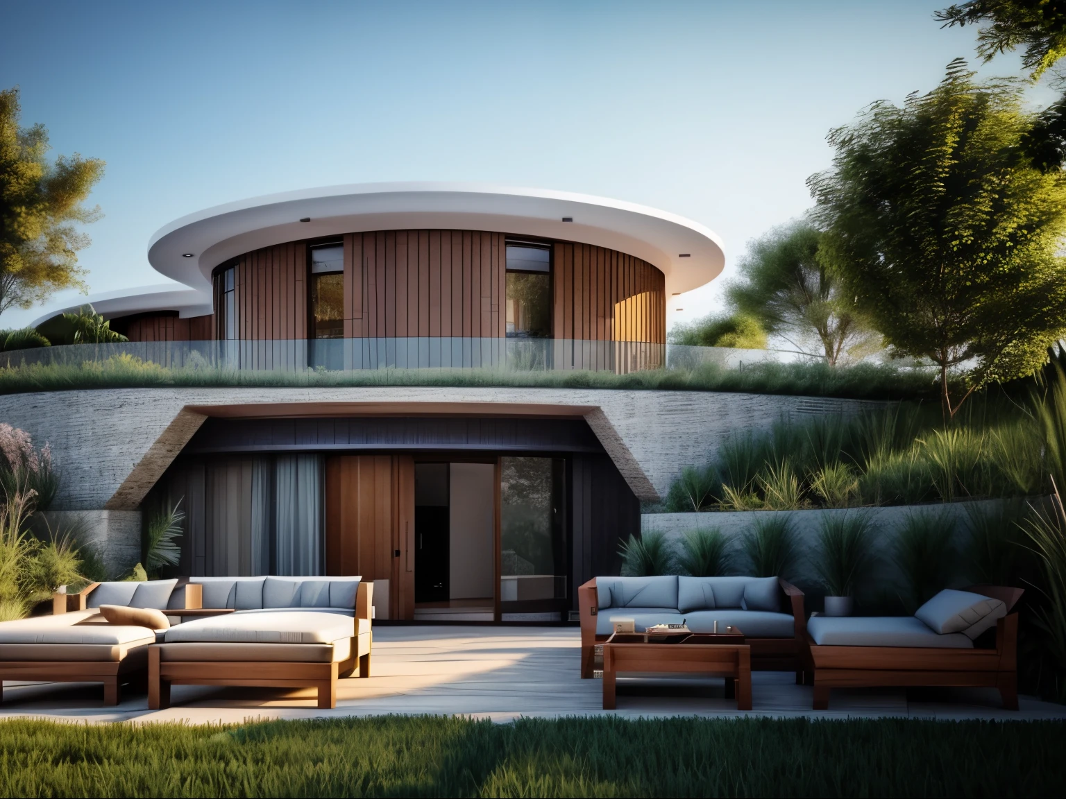 3D perspective of a circular 2-story house. with large glass walls. Stairs run outside. radius of one floor R=3m